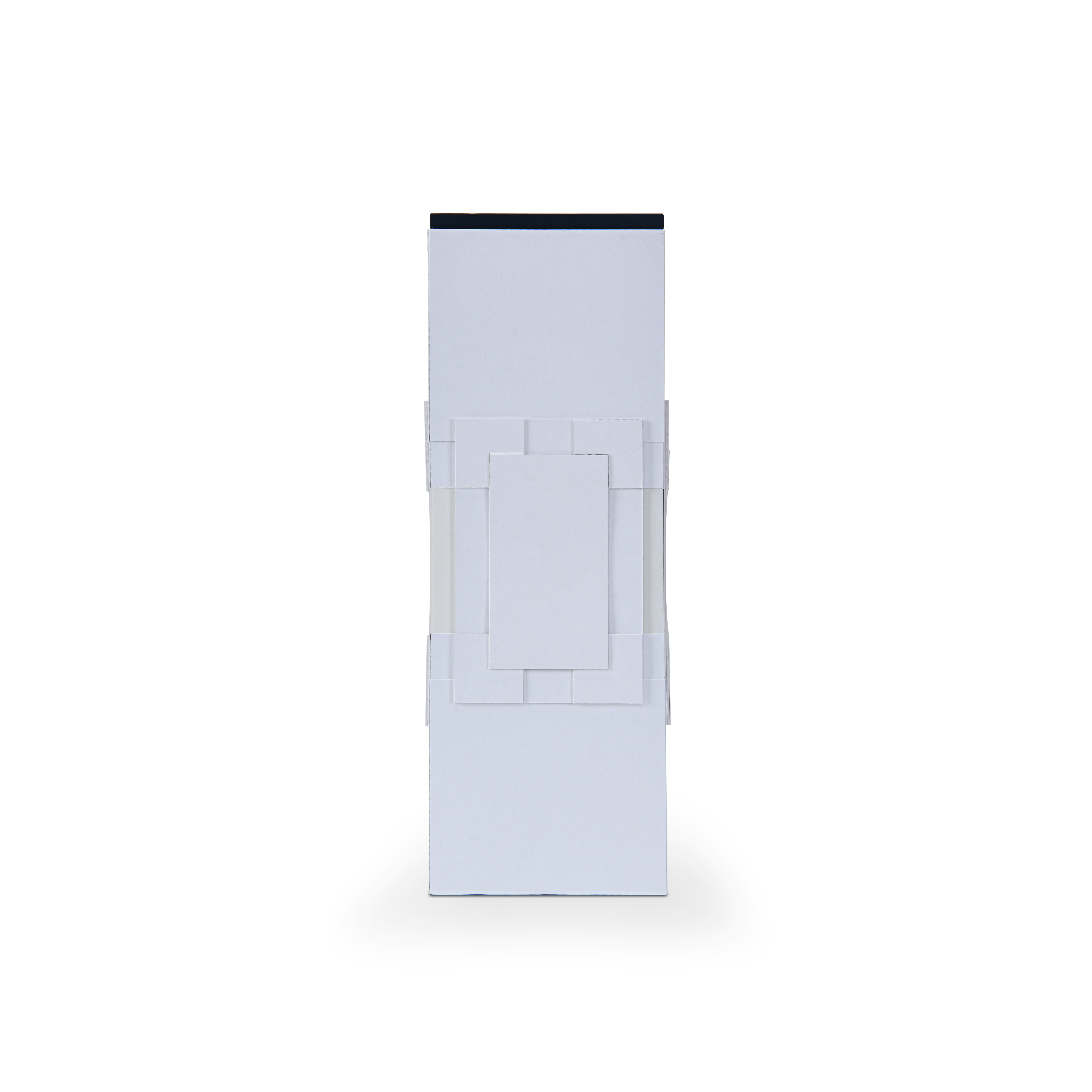 Back profile view of the closed luxury wine gift box emphasizing the clean lines of the white architectural paper card layers.