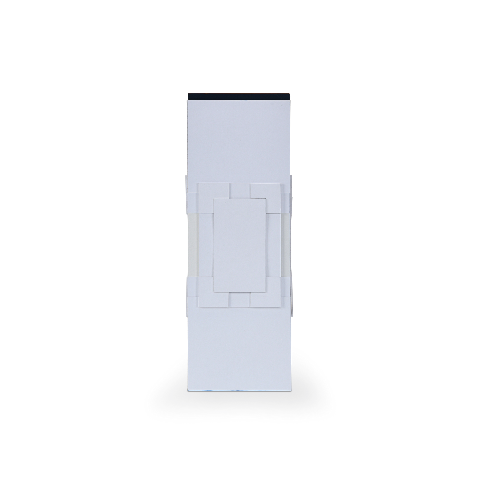 Back profile view of the closed luxury wine gift box emphasizing the clean lines of the white architectural paper card layers.