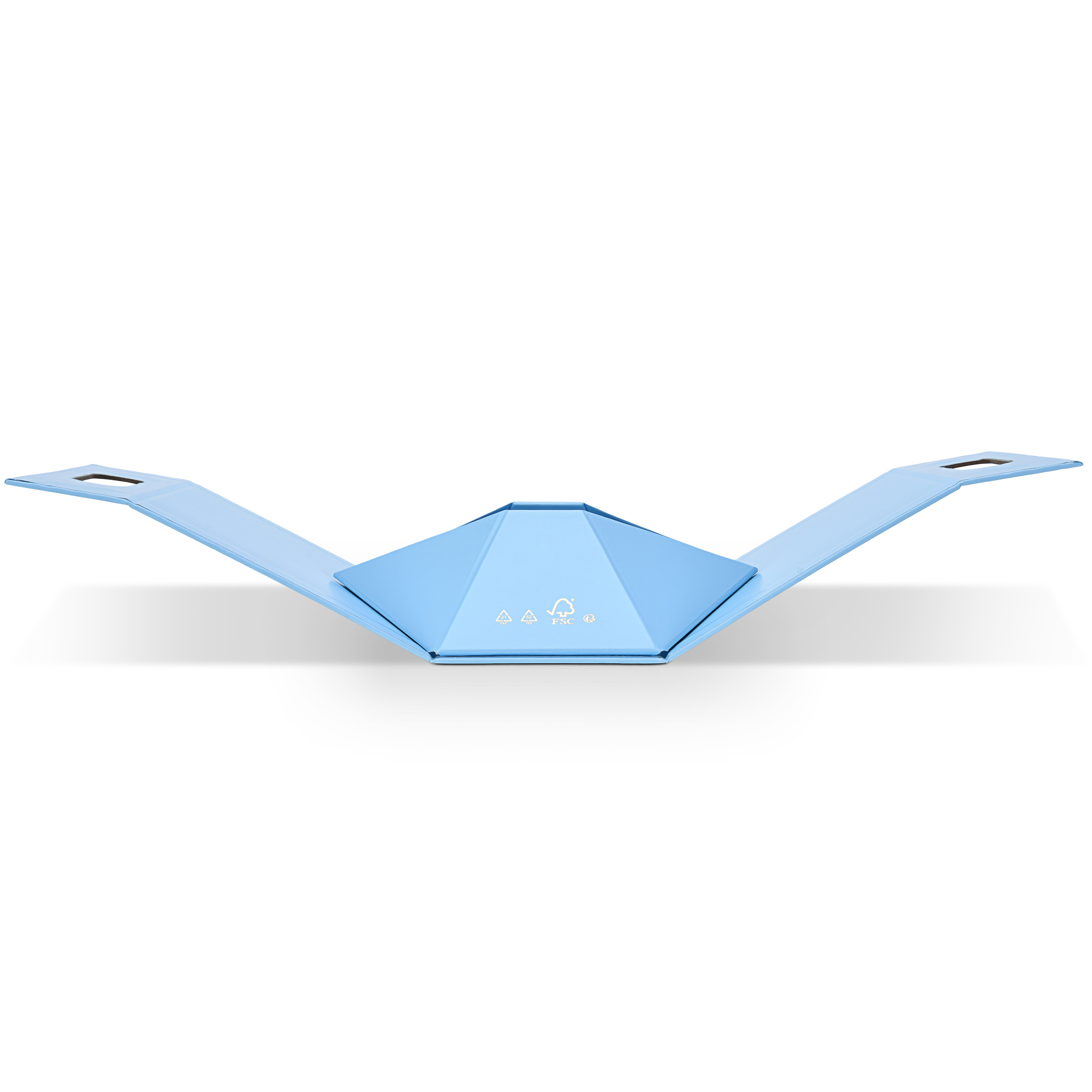 Top down view of a fully flat packed custom foldable gift box bag in sky blue art paper showing the geometric die cut base panel and the two integrated carry handle cutouts extended flat on both sides