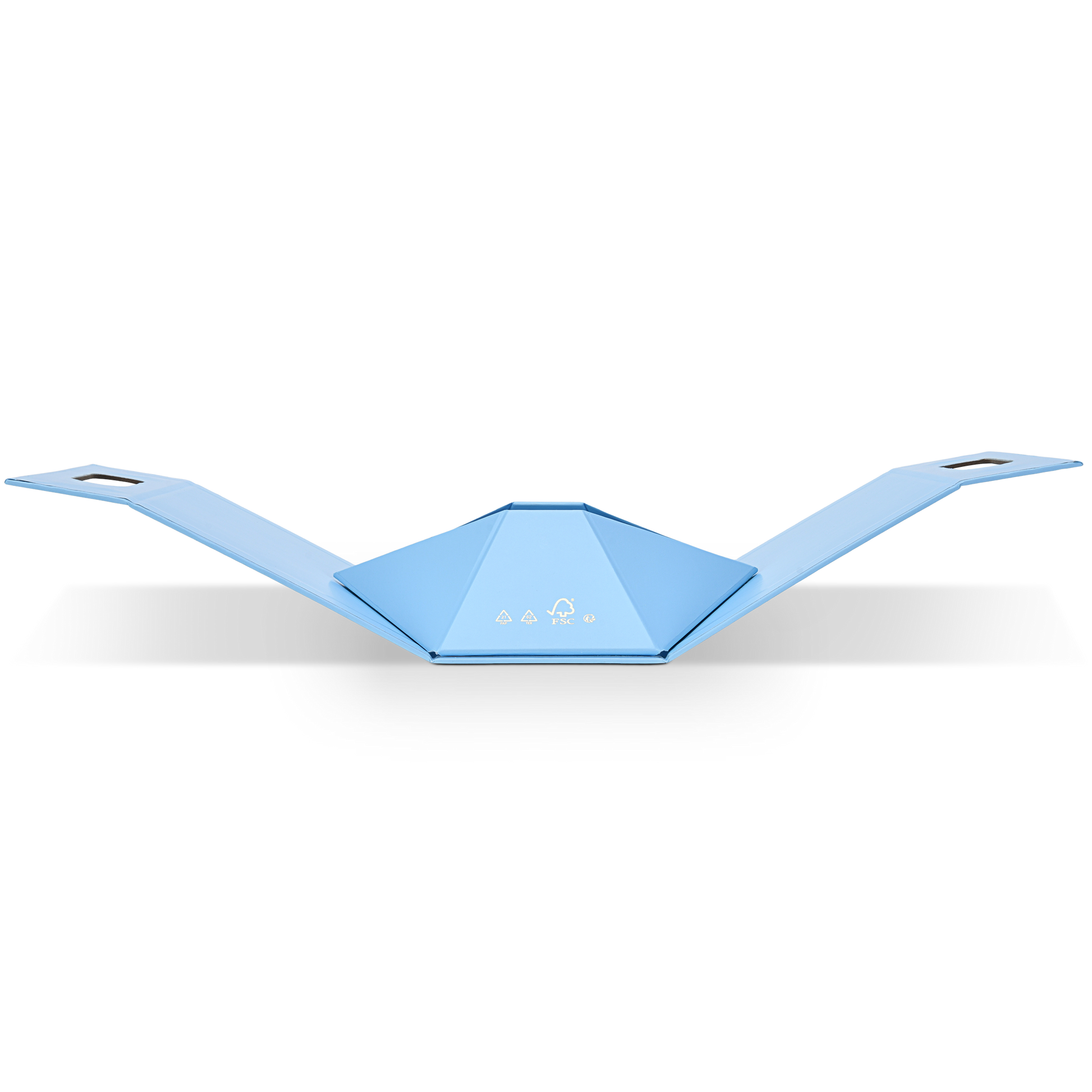 Top down view of a fully flat packed custom foldable gift box bag in sky blue art paper showing the geometric die cut base panel and the two integrated carry handle cutouts extended flat on both sides