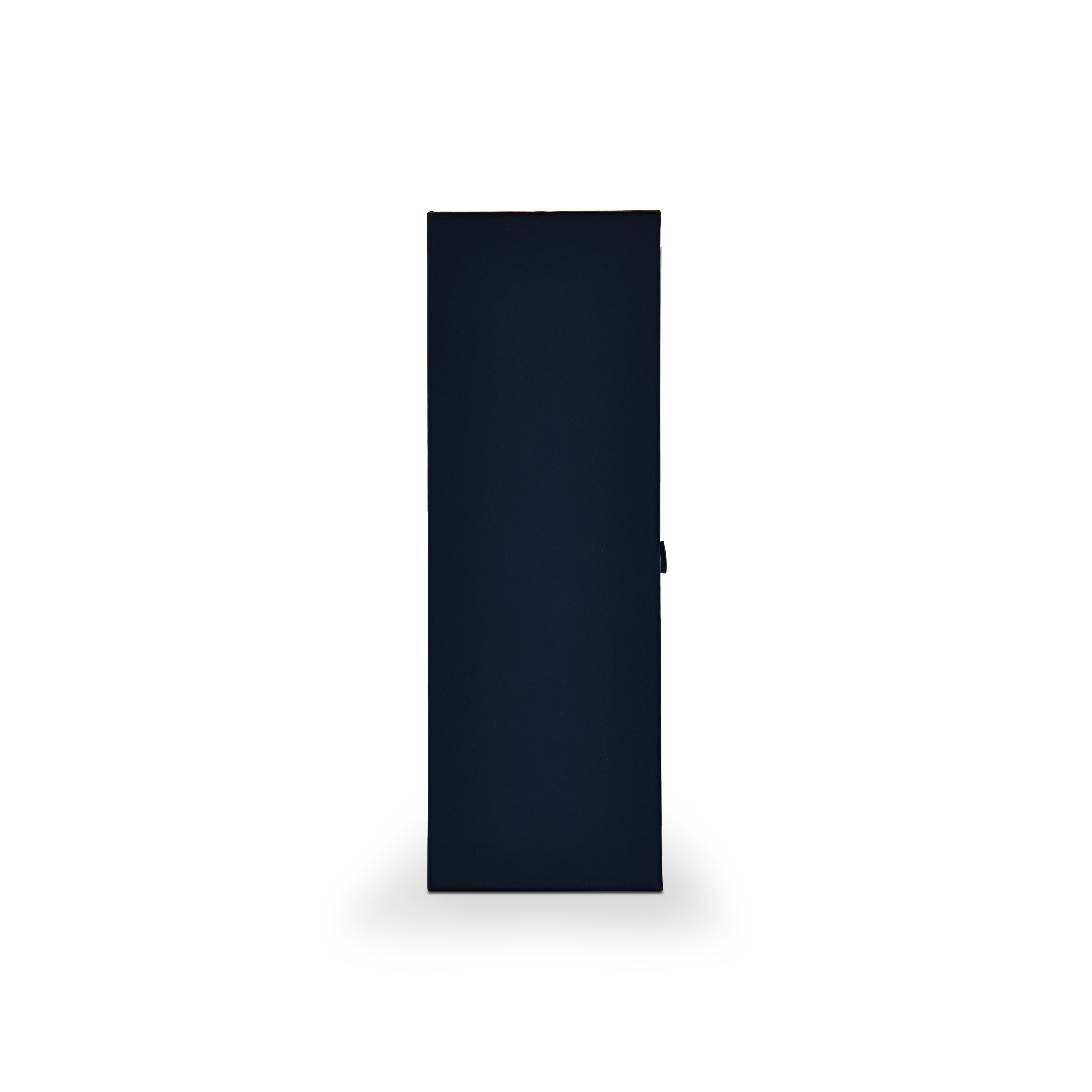 Vertical spine view of a closed custom navy blue single bottle wine box made with premium Elyse grain touch-feel texture paper.