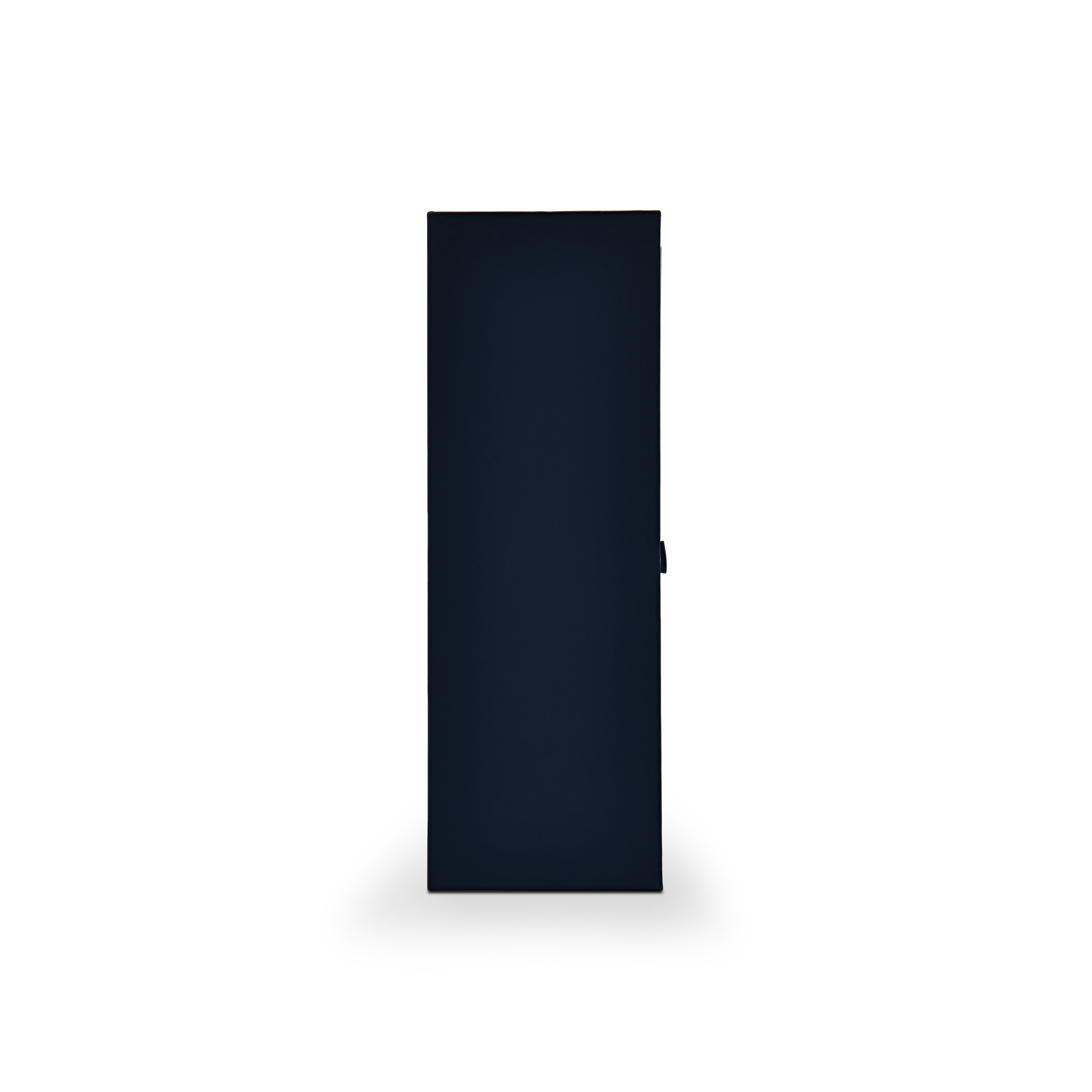 Vertical spine view of a closed custom navy blue single bottle wine box made with premium Elyse grain touch-feel texture paper.