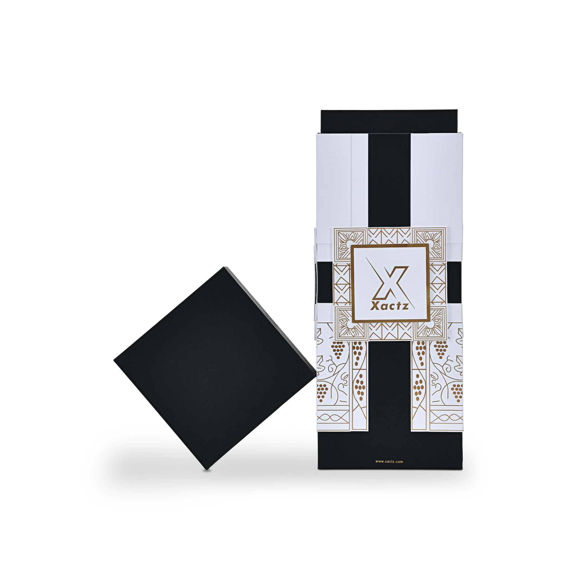 Custom black rigid wine gift box with the matte black square lid removed and tilted at a diagonal angle beside the white and gold foil base showing the collared lid and base construction and the full gold foil grape vine illustration on the body