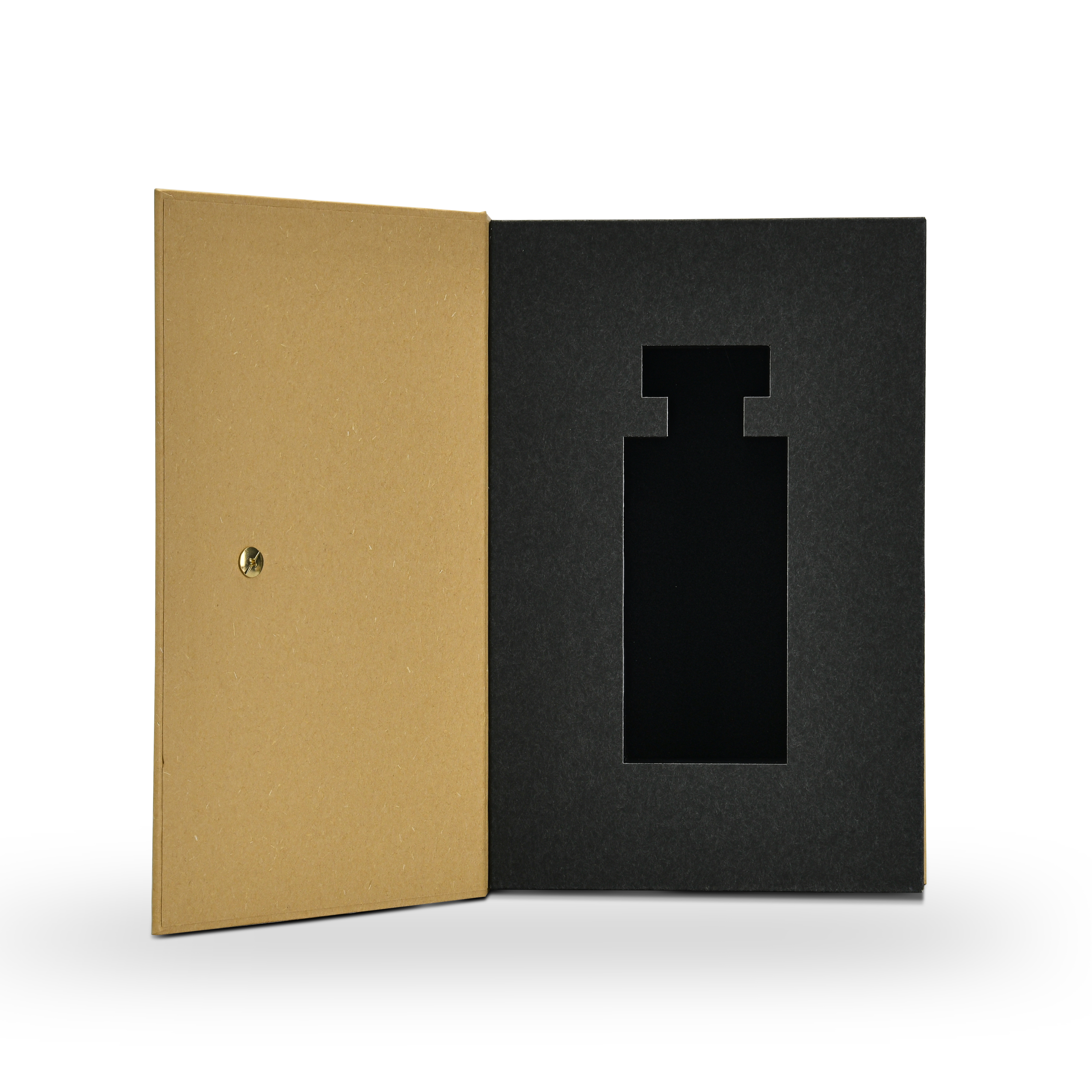 Open custom rigid book style perfume gift box showing the contrast between the ochre yellow cover interior and the matte black specialty paper lining with a precision cut black EVA foam bottle insert