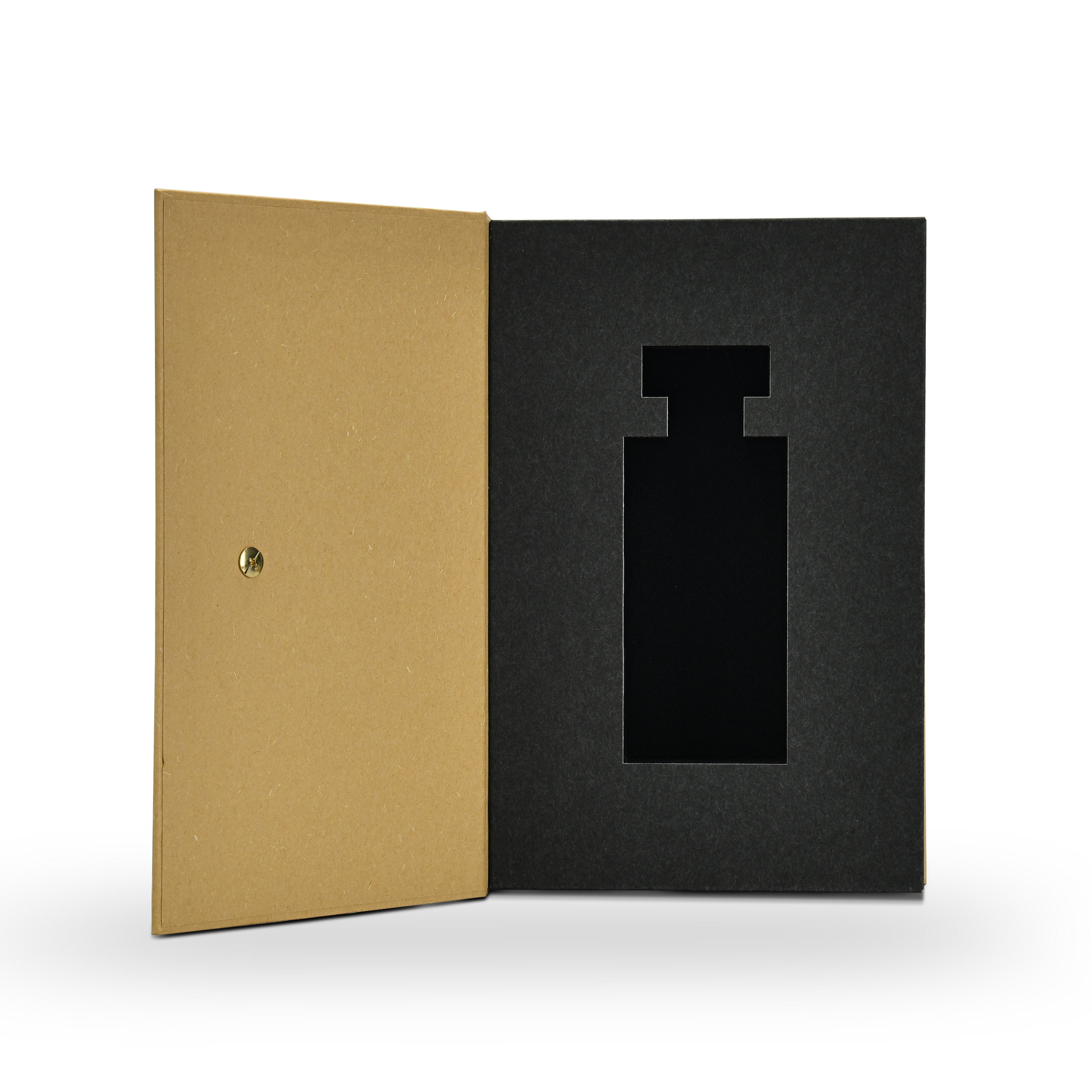 Open custom rigid book style perfume gift box showing the contrast between the ochre yellow cover interior and the matte black specialty paper lining with a precision cut black EVA foam bottle insert