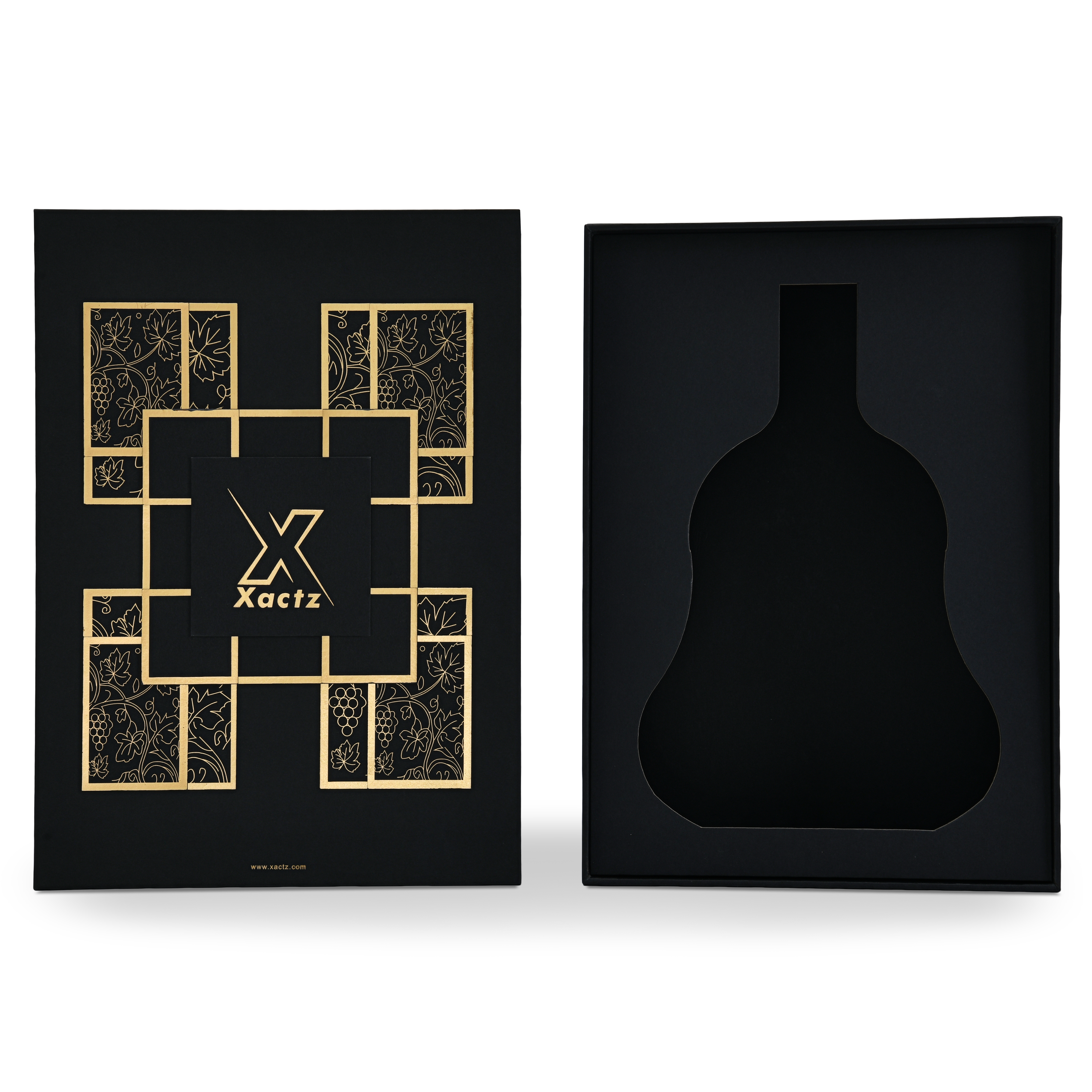 Premium black rigid wine gift box open flat lay showing matte gold foil grape vine lid design alongside custom die-cut wine bottle shaped foam insert in matte black interior