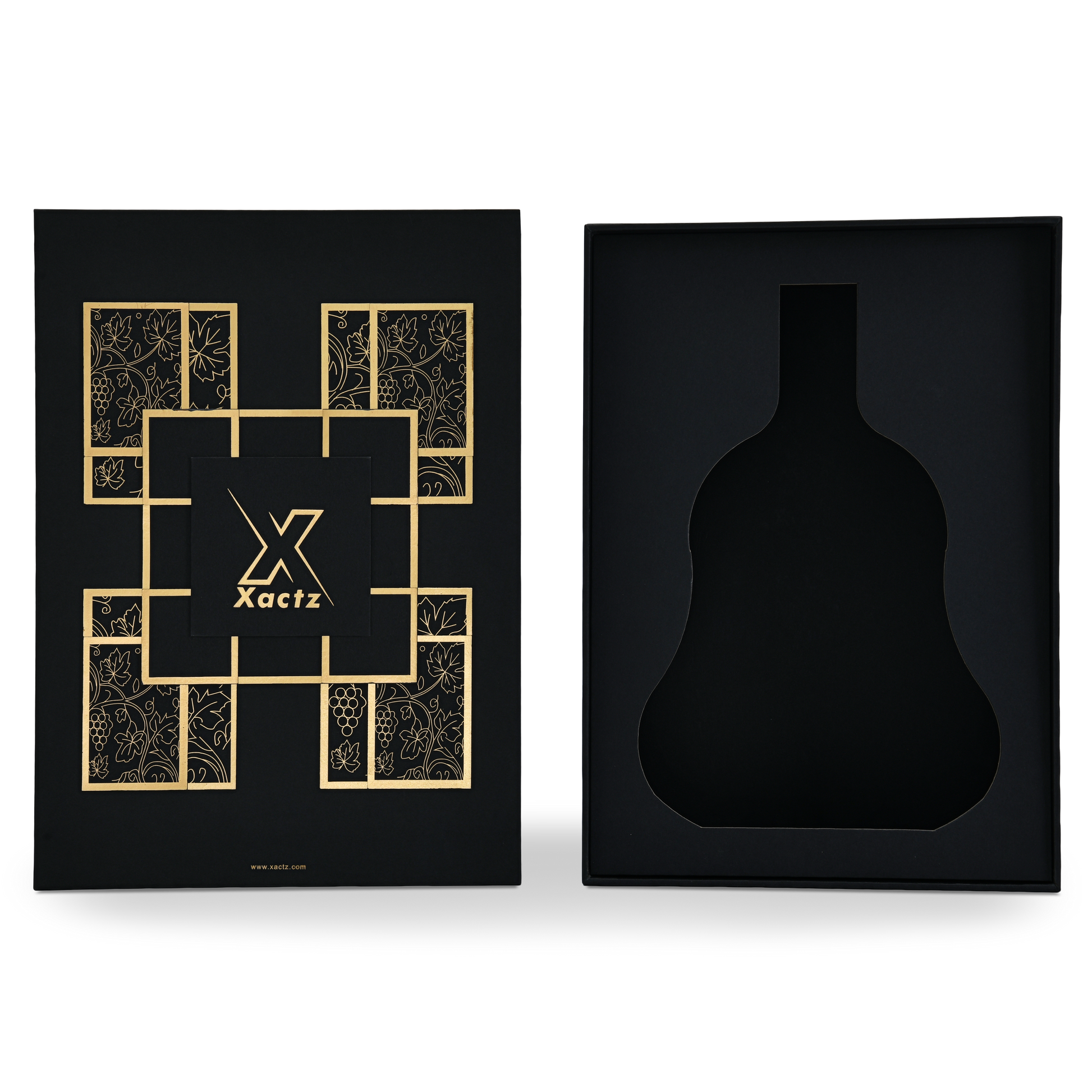 Premium black rigid wine gift box open flat lay showing matte gold foil grape vine lid design alongside custom die-cut wine bottle shaped foam insert in matte black interior