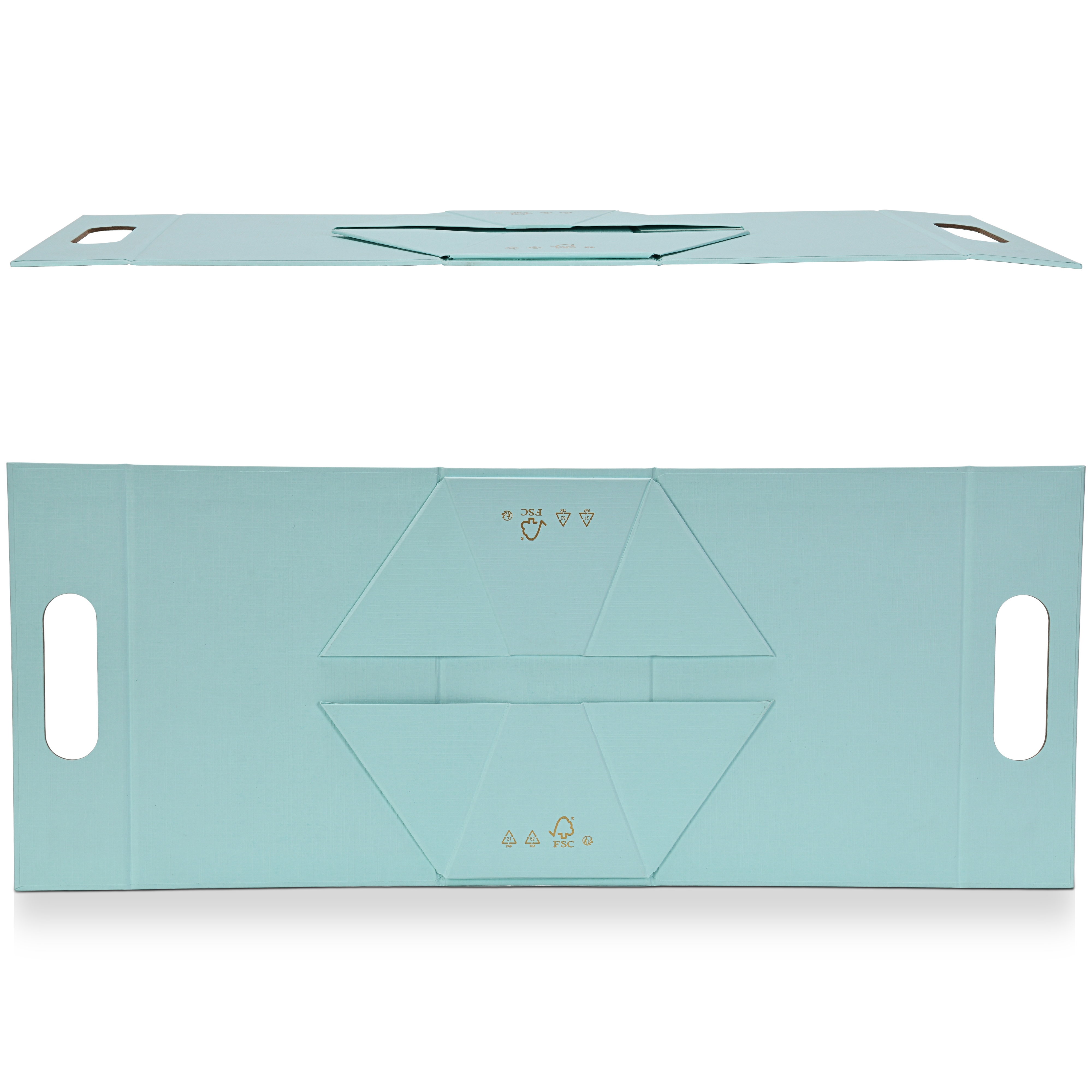Flat lay view showing both the exterior and interior panels of the custom foldable gift box bag with handle in sky blue linen specialty paper displaying the full die cut construction layout with the triangular base gusset fold lines the carry handle cutouts and the FSC certification marks in gold foil