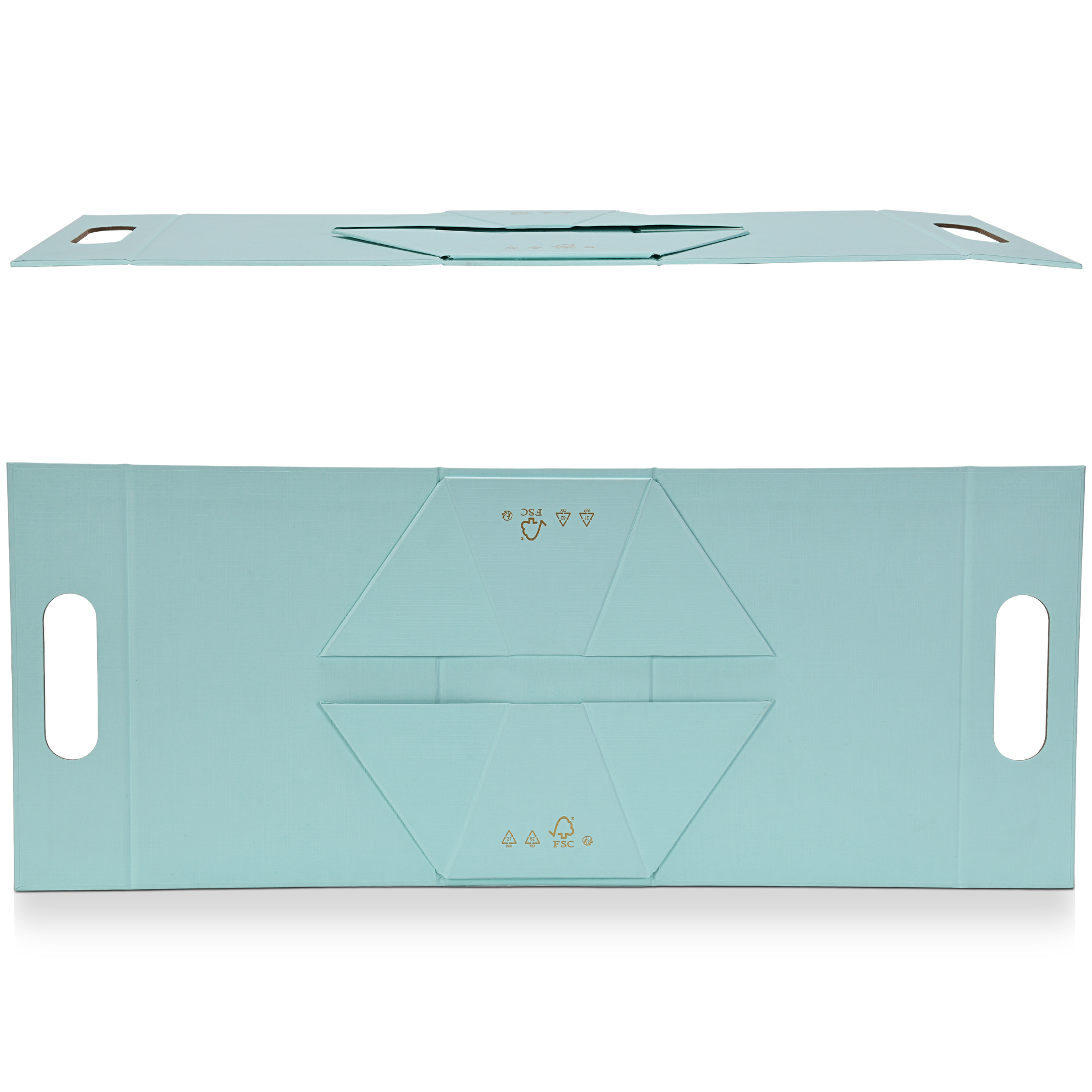 Flat lay view showing both the exterior and interior panels of the custom foldable gift box bag with handle in sky blue linen specialty paper displaying the full die cut construction layout with the triangular base gusset fold lines the carry handle cutouts and the FSC certification marks in gold foil