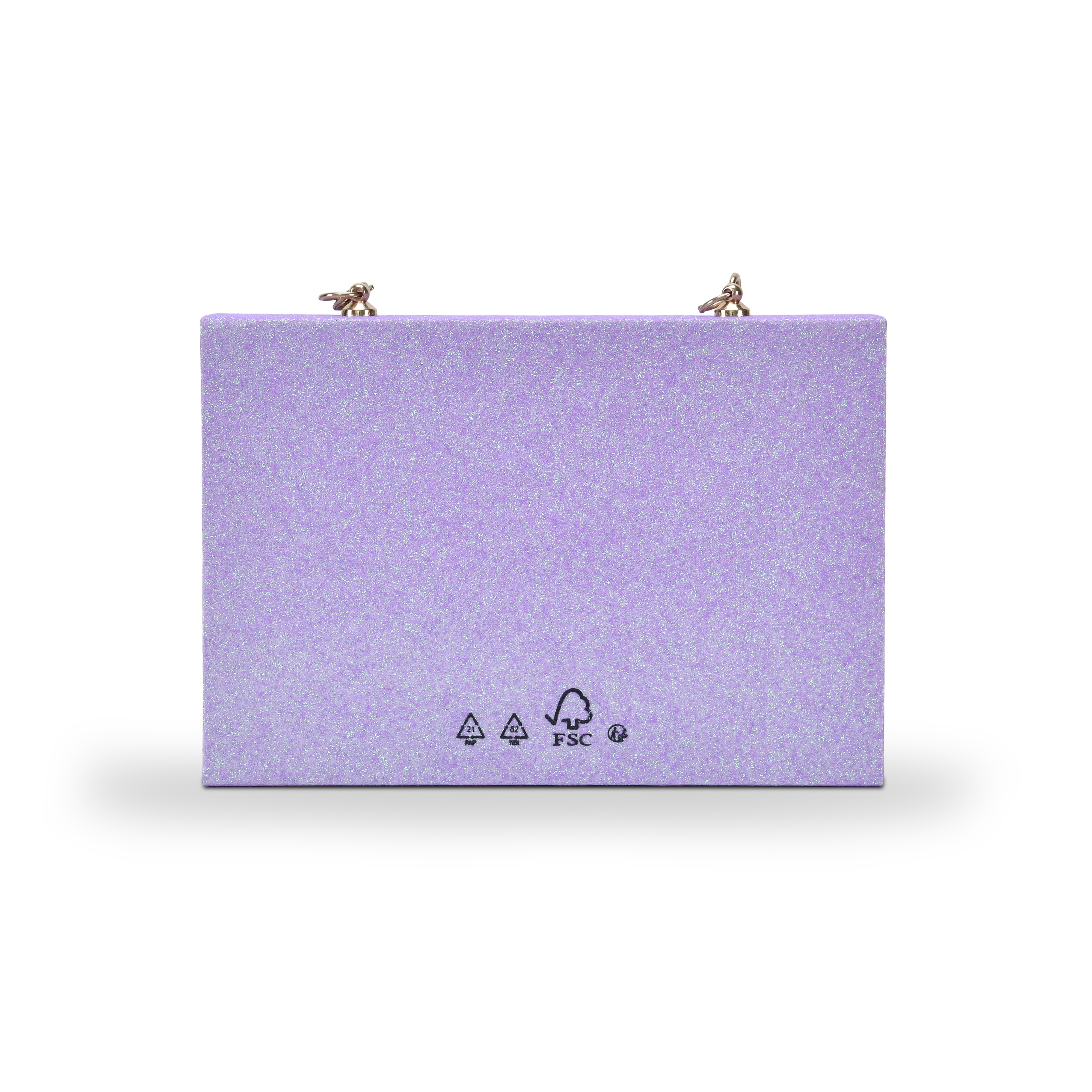 Back view of a custom purple glitter rigid makeup gift box with luxury chain handle showing the clean iridescent purple glitter back panel with FSC recycling and certification logos printed at the base and the two gold chain attachment hardware clips visible at the top corners