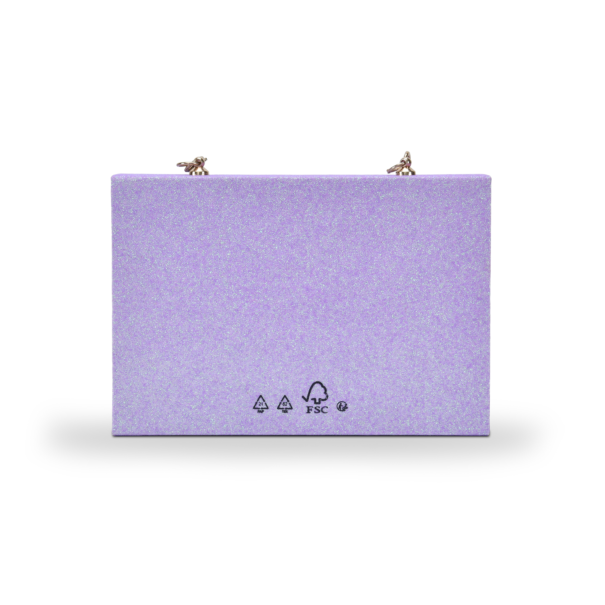 Back view of a custom purple glitter rigid makeup gift box with luxury chain handle showing the clean iridescent purple glitter back panel with FSC recycling and certification logos printed at the base and the two gold chain attachment hardware clips visible at the top corners