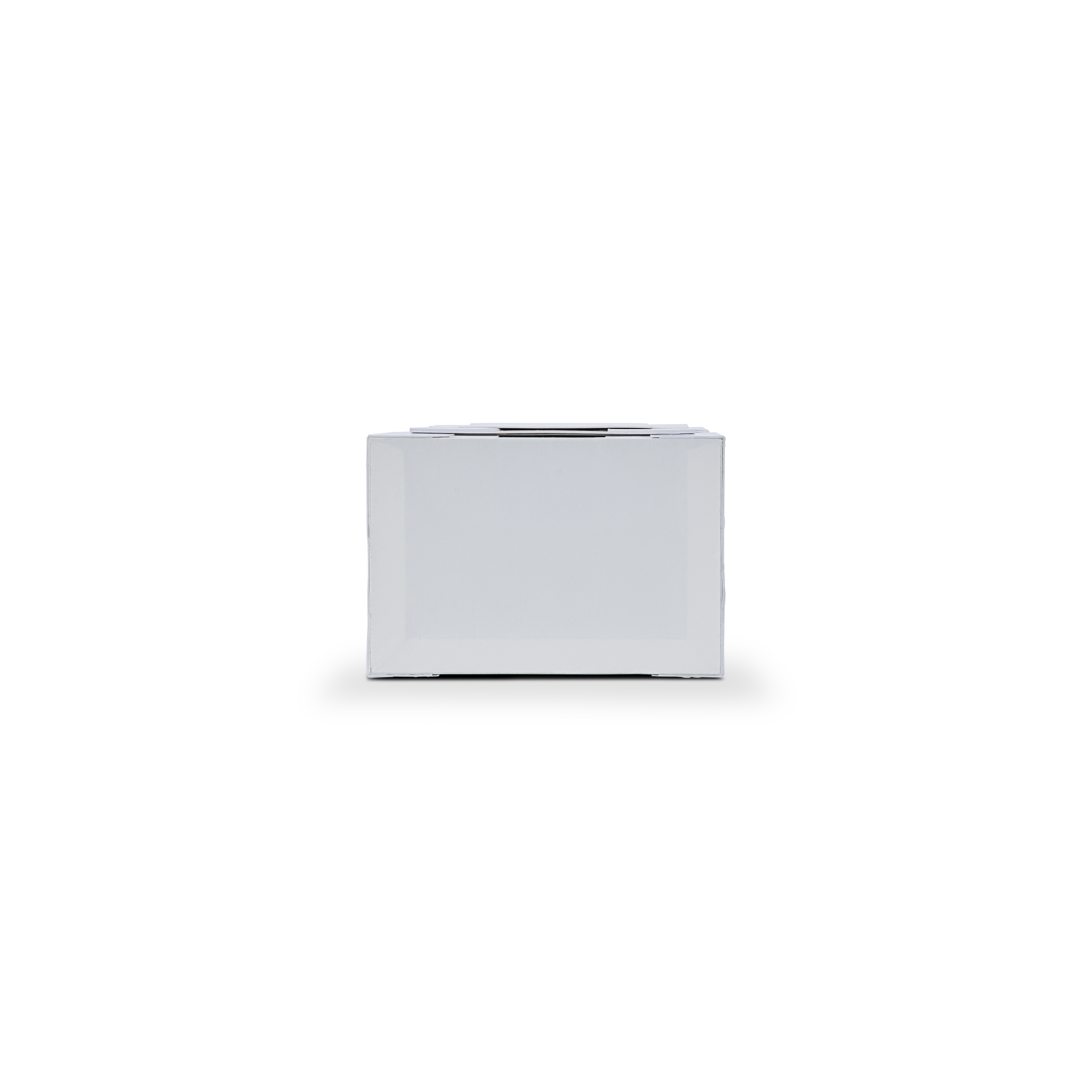 End view of the rigid box showing the flat white card face with the inner deep navy blue structural collar subtly peeking out.