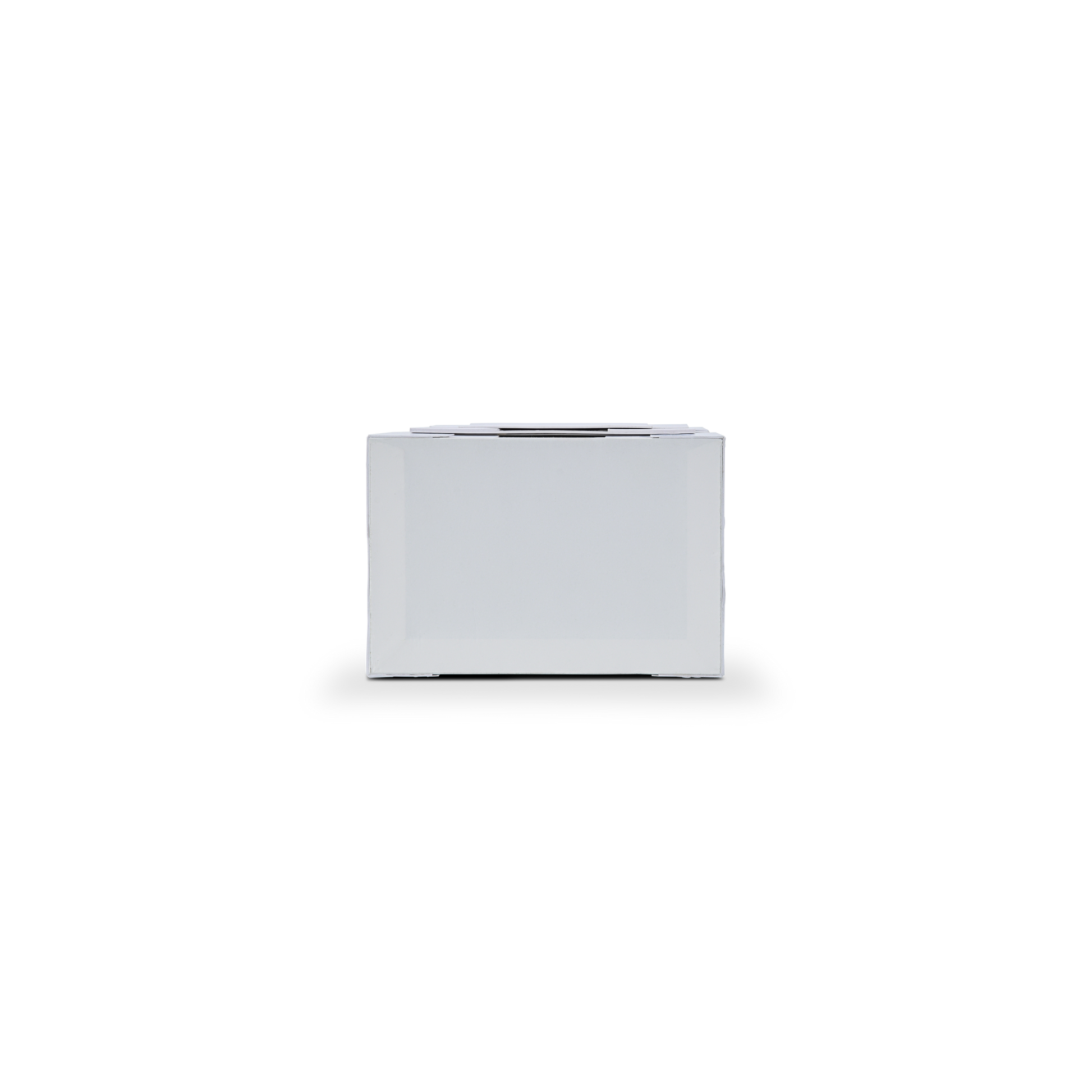 End view of the rigid box showing the flat white card face with the inner deep navy blue structural collar subtly peeking out.