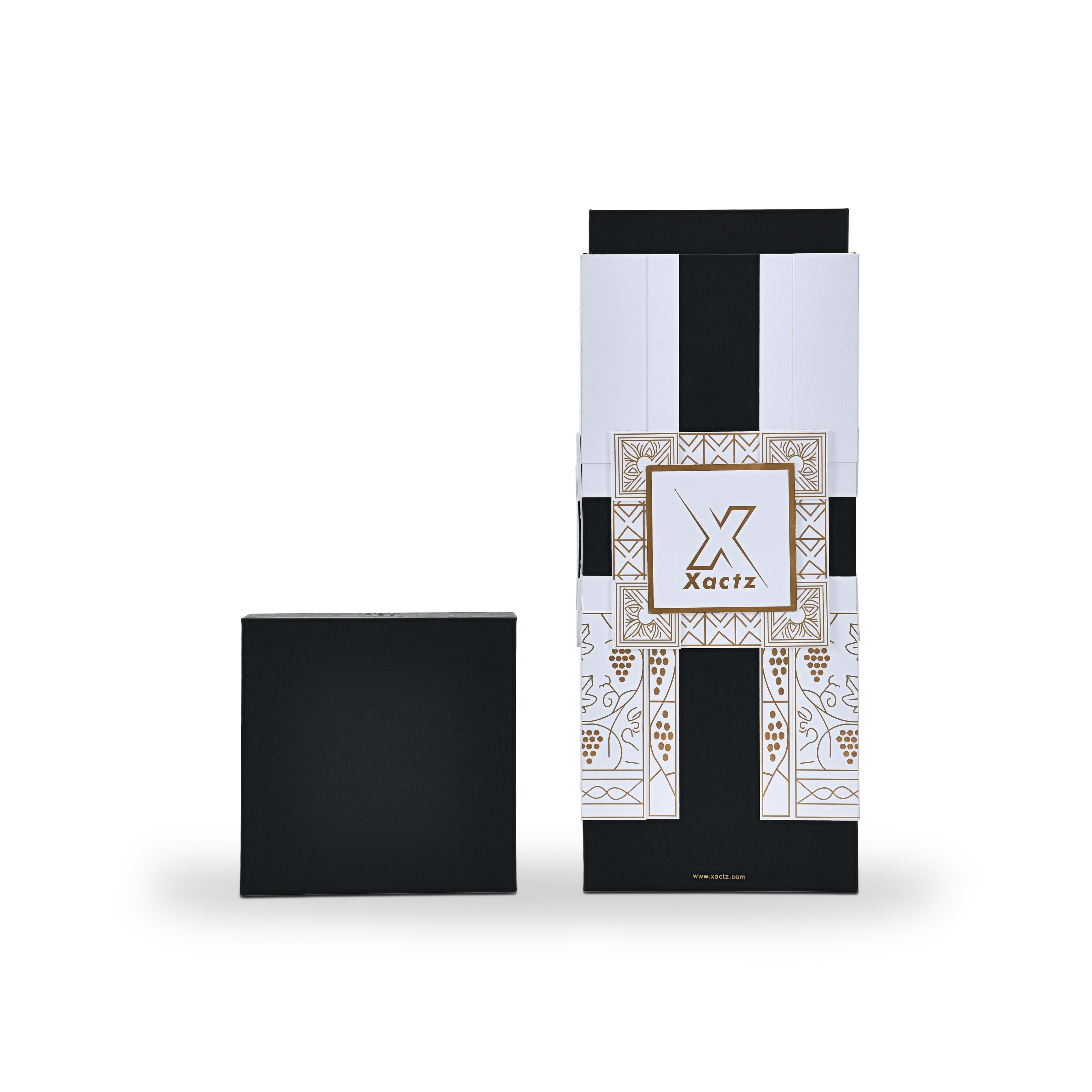 Custom black rigid wine gift box with the matte black square lid placed flat on its side beside the upright white and gold foil collared base showing the full height of the wine bottle presentation compartment and the decorative gold foil panel design