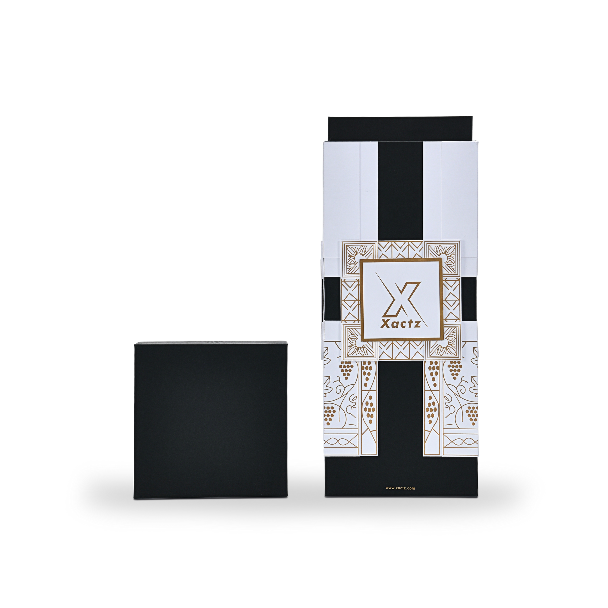 Custom black rigid wine gift box with the matte black square lid placed flat on its side beside the upright white and gold foil collared base showing the full height of the wine bottle presentation compartment and the decorative gold foil panel design