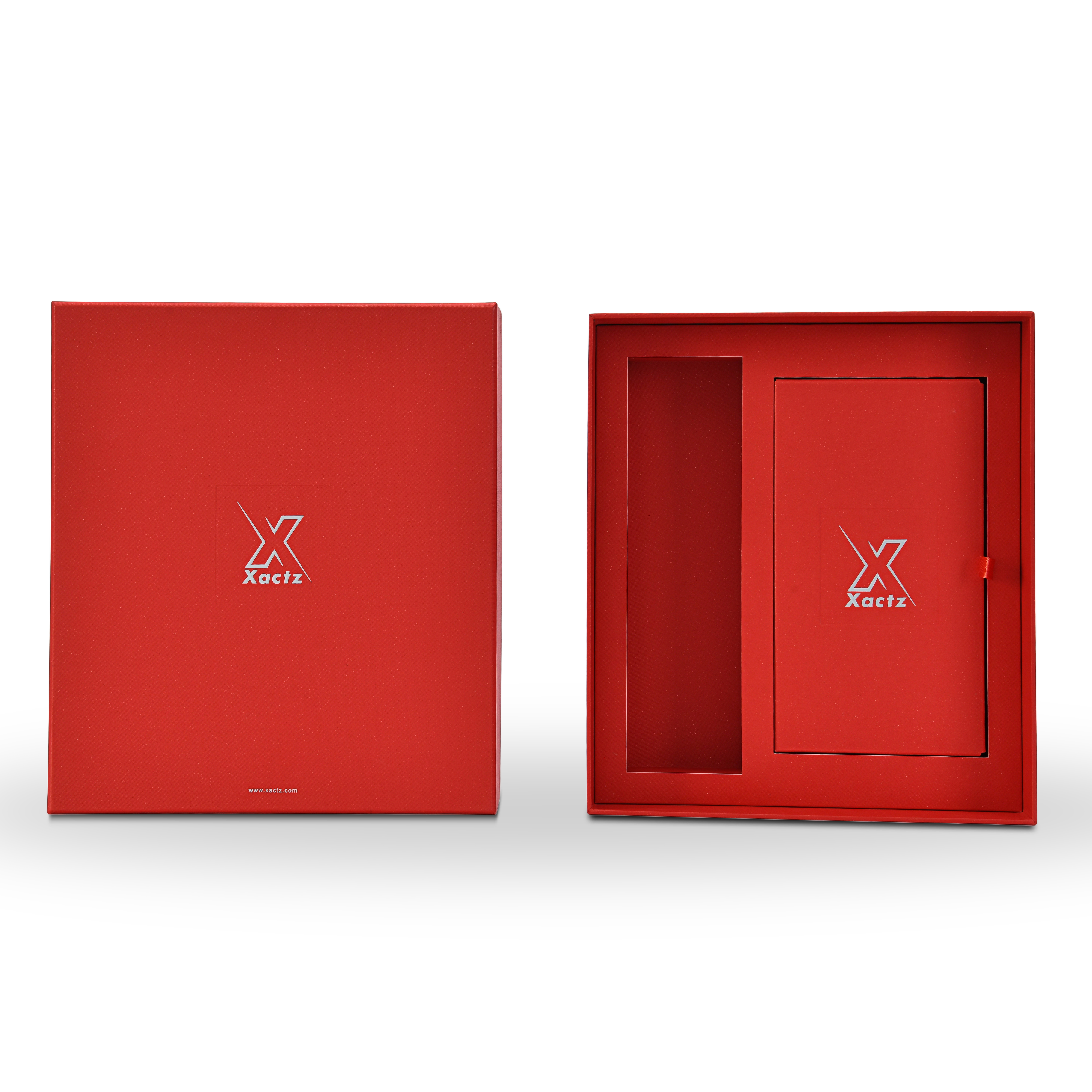 Front on flat lay view of a custom red lid and base gift box for cosmetics with the lid placed beside the open base showing the embossed bright silver foil Xactz logo on the lid front panel and the full red star rain specialty paper inner tray interior with product cavity and branded card insert with silver foil logo and red ribbon pull