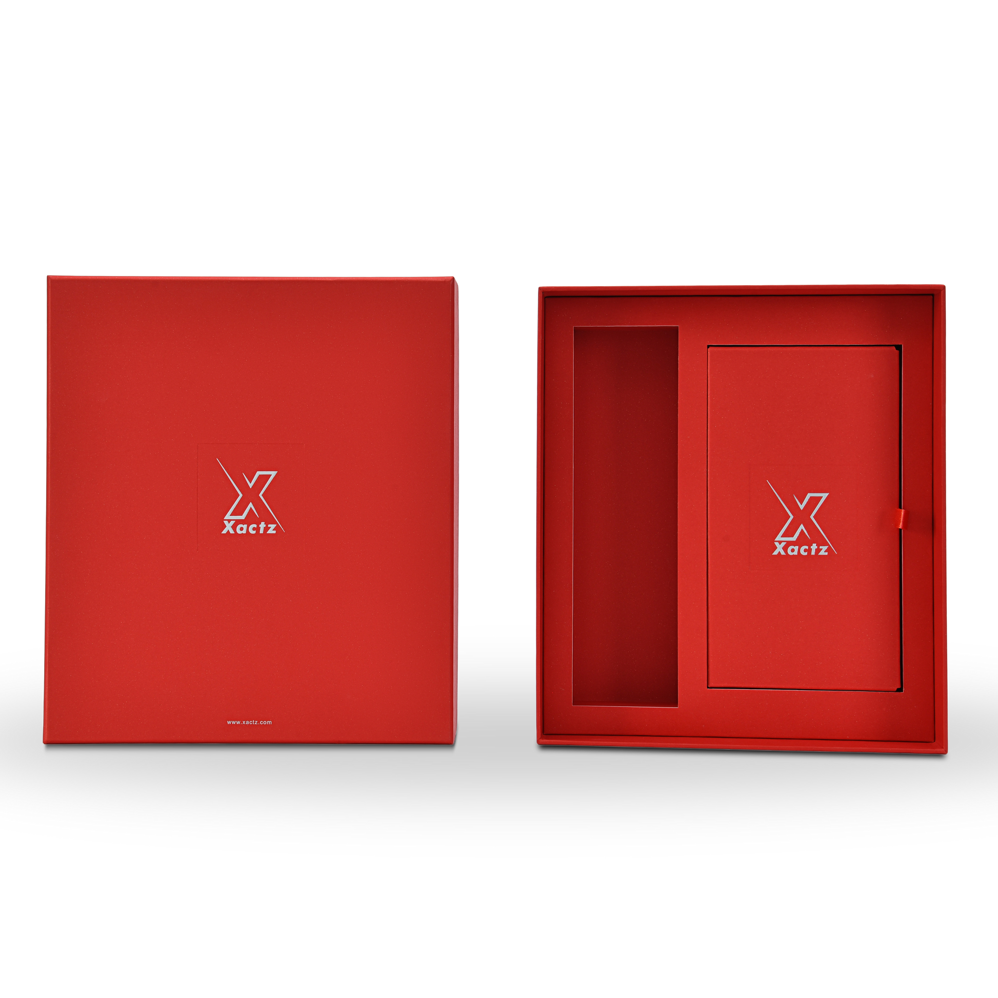 Front on flat lay view of a custom red lid and base gift box for cosmetics with the lid placed beside the open base showing the embossed bright silver foil Xactz logo on the lid front panel and the full red star rain specialty paper inner tray interior with product cavity and branded card insert with silver foil logo and red ribbon pull
