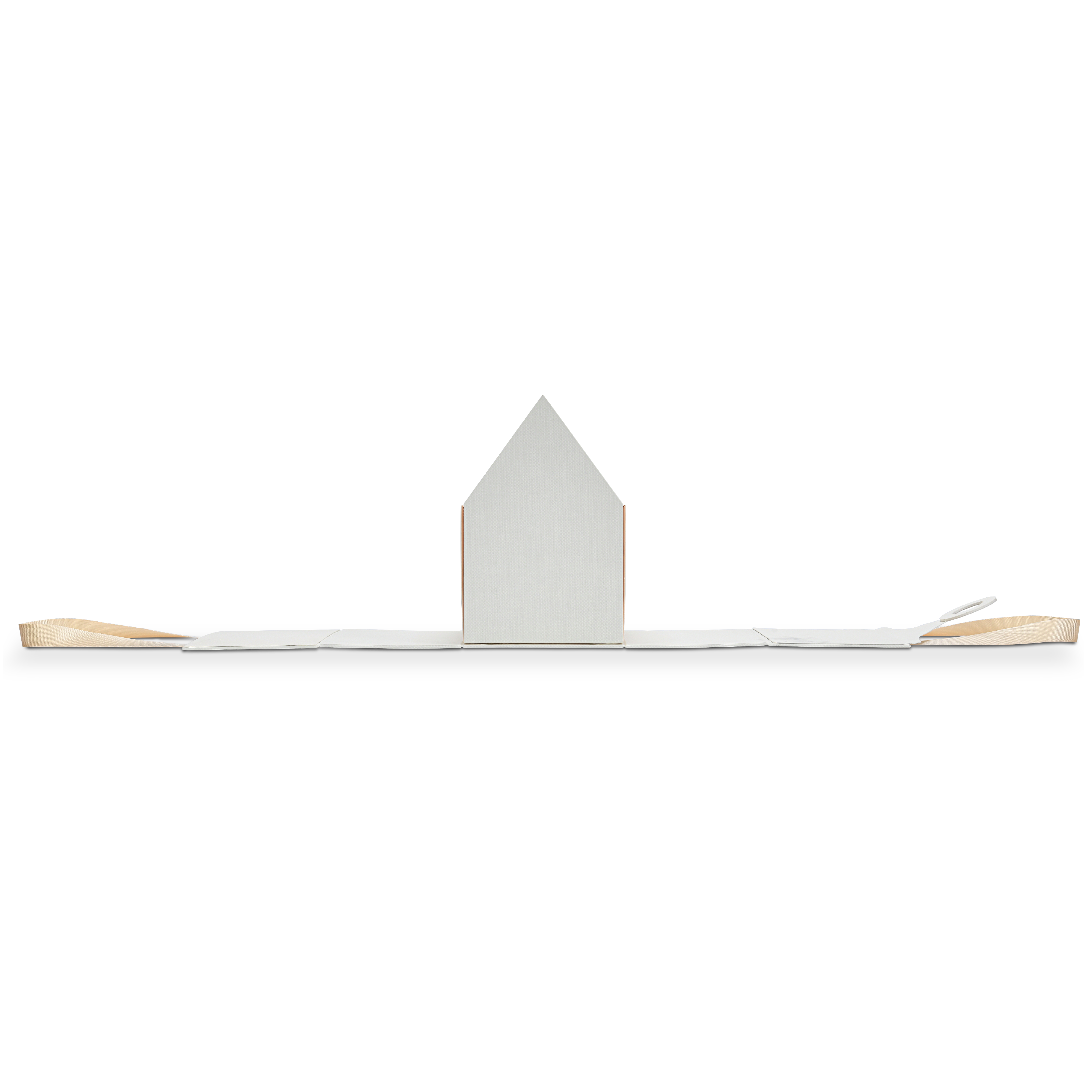 Side view of a custom house shaped foldable gift box shown in its flat pack shipping state with the beige ribbon handles extended flat on both sides