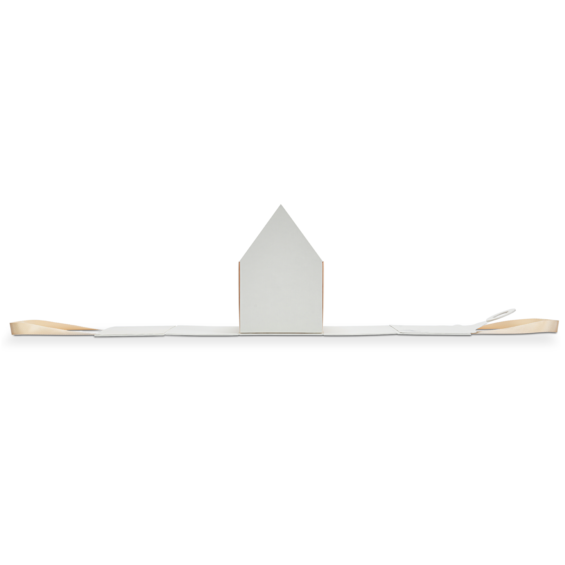Side view of a custom house shaped foldable gift box shown in its flat pack shipping state with the beige ribbon handles extended flat on both sides