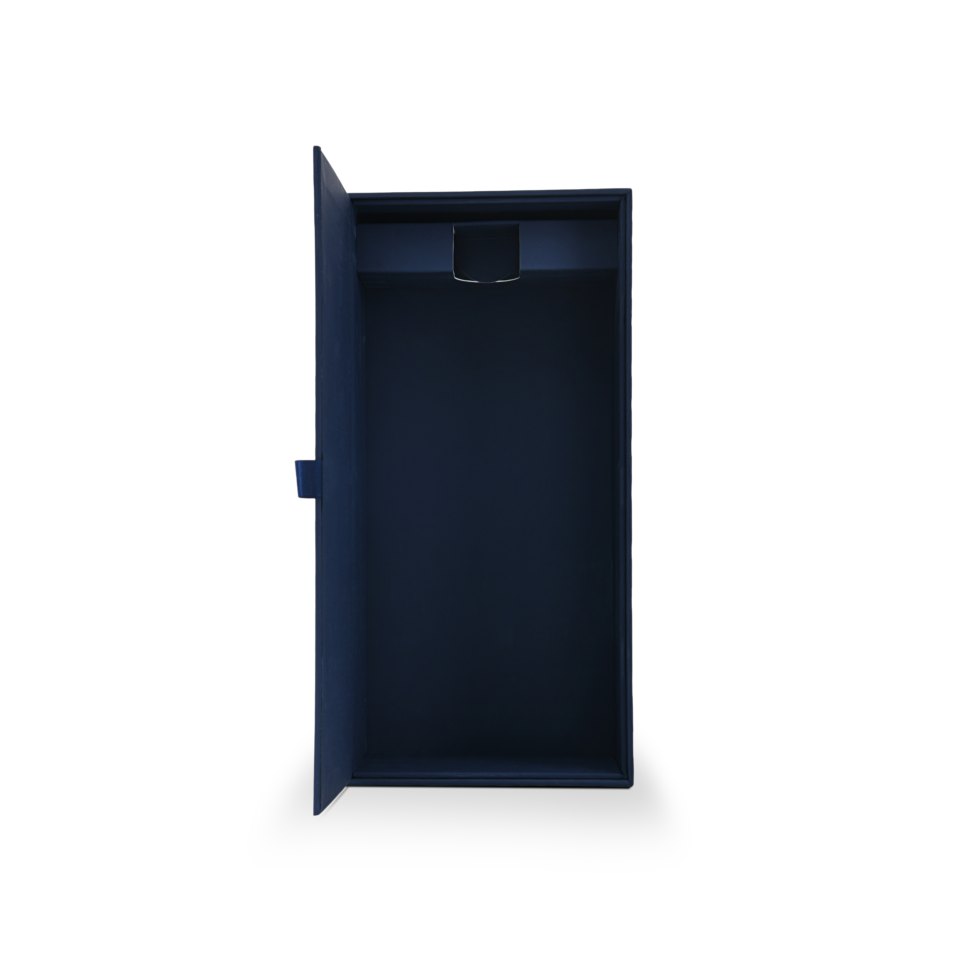 Top-down interior view of an open custom flip top rigid wine box showing the protective built-in single bottle cardboard neck insert.
