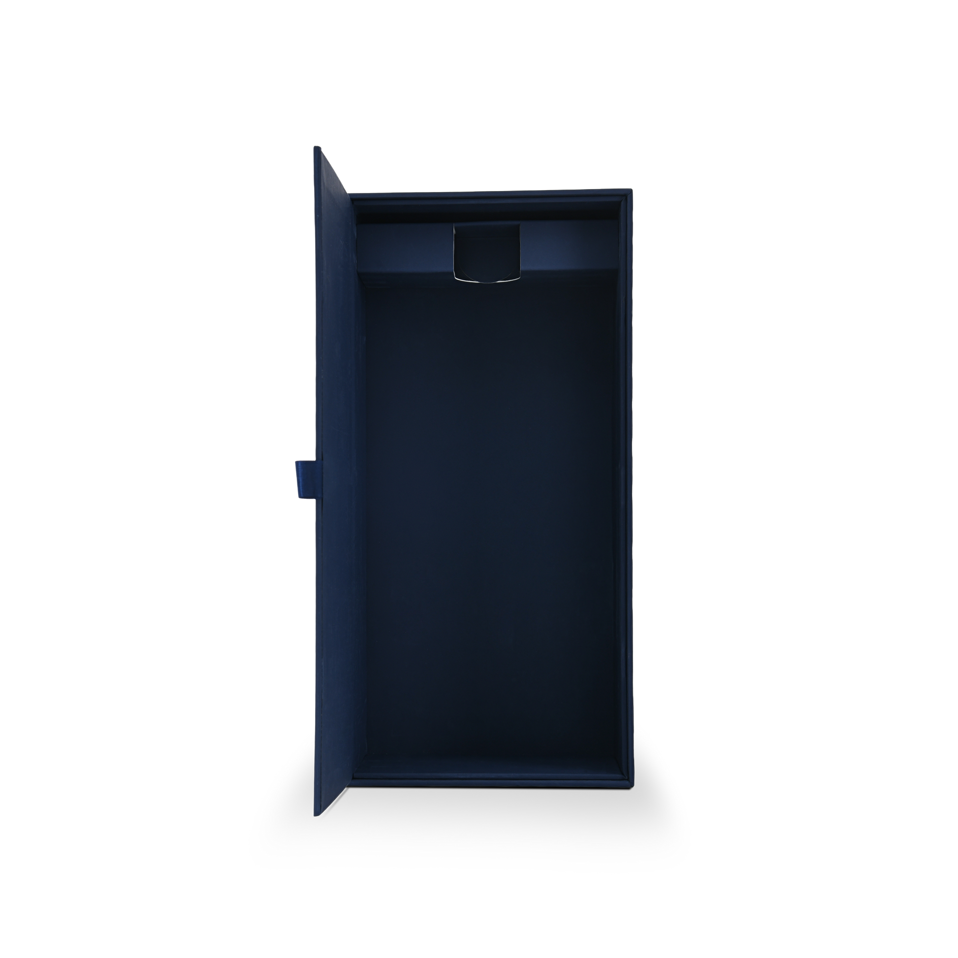 Top-down interior view of an open custom flip top rigid wine box showing the protective built-in single bottle cardboard neck insert.