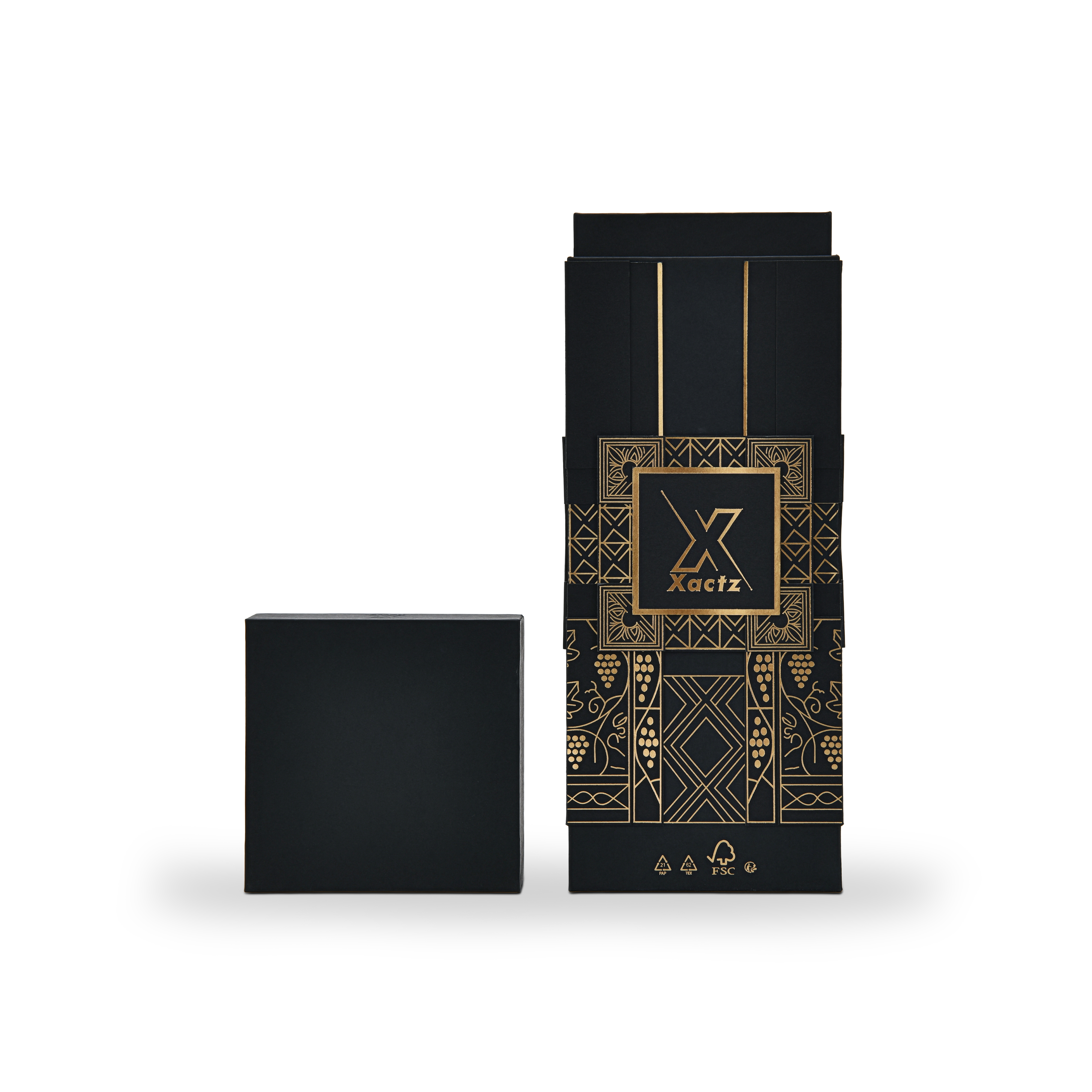 Custom all black rigid wine gift box with the matte black square lid placed flat on its side beside the upright collared base showing the full height of the wine bottle presentation compartment and the complete gold foil geometric grape vine panel design wrapping all four sides