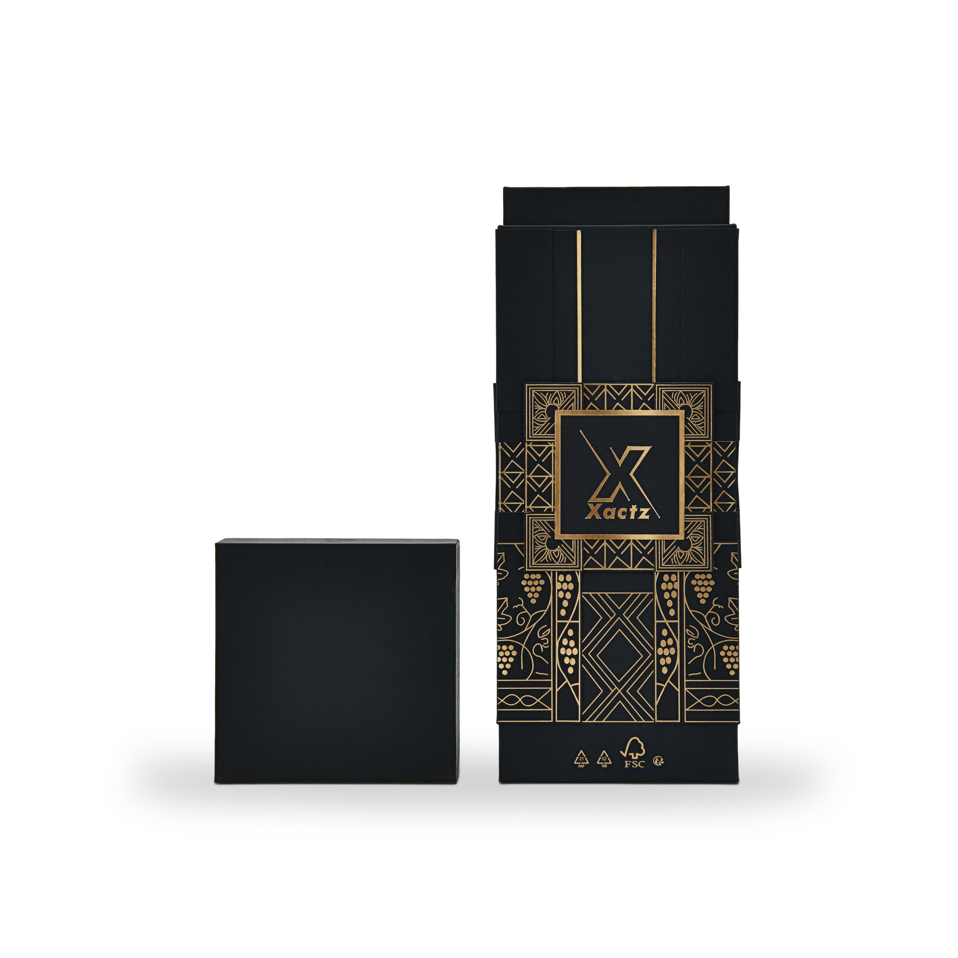 Custom all black rigid wine gift box with the matte black square lid placed flat on its side beside the upright collared base showing the full height of the wine bottle presentation compartment and the complete gold foil geometric grape vine panel design wrapping all four sides