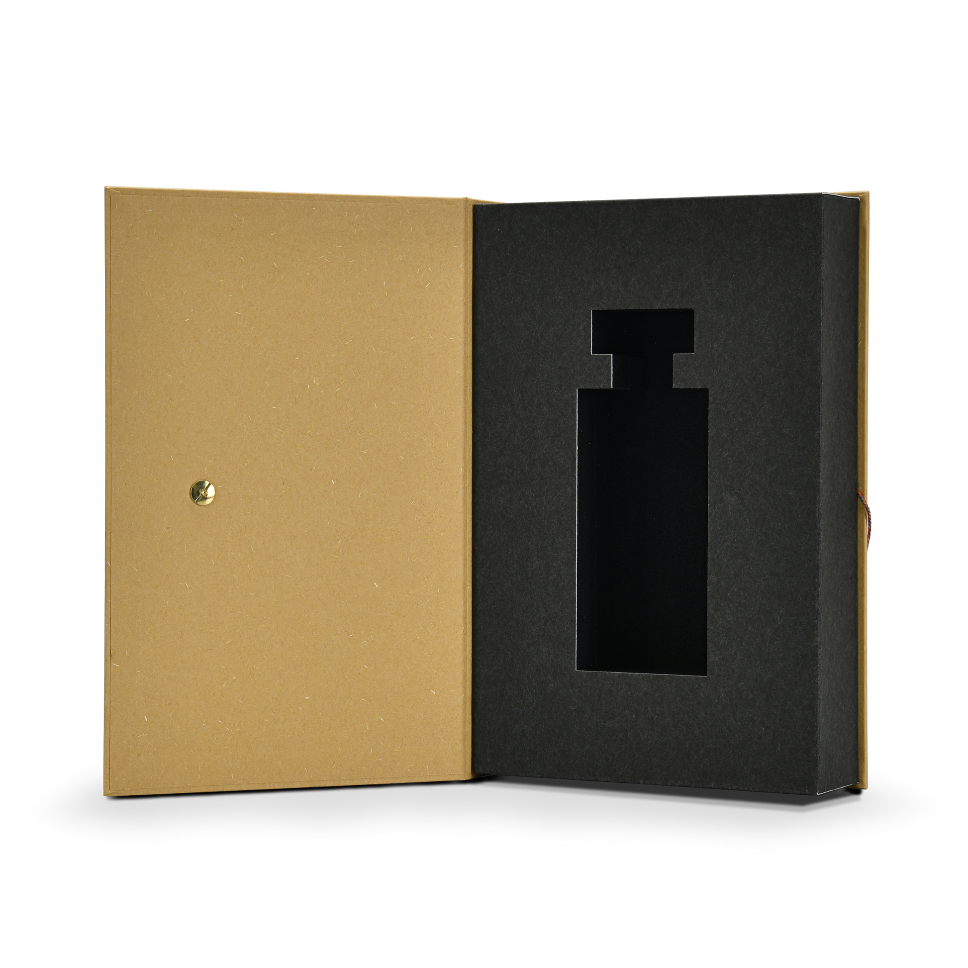 Slightly angled open view of a custom book style fragrance box displaying the gold metal rivet on the inner cover and the protective black EVA foam insert designed for perfume bottles