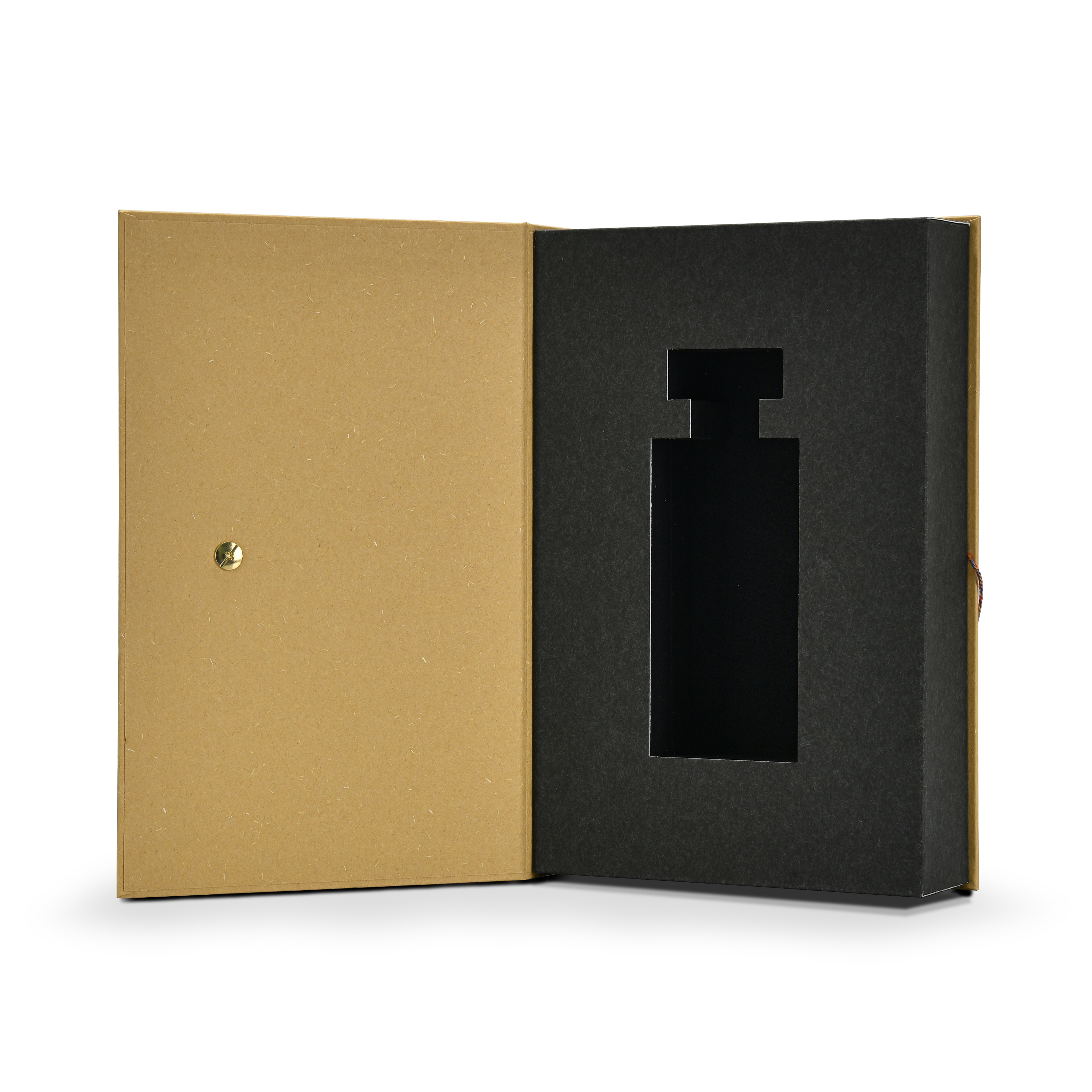 Slightly angled open view of a custom book style fragrance box displaying the gold metal rivet on the inner cover and the protective black EVA foam insert designed for perfume bottles