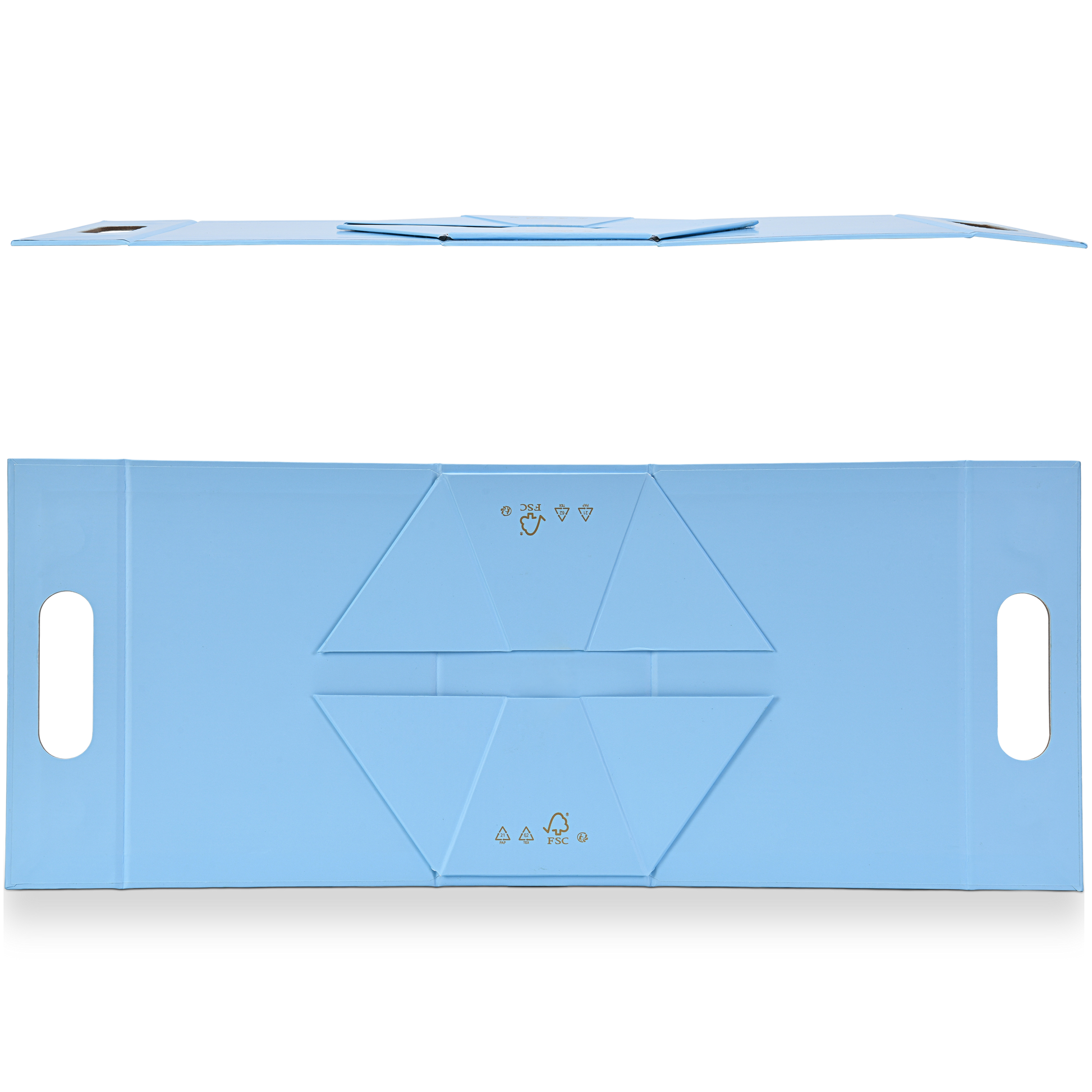 Completely unfolded flat lay of a custom foldable gift box bag in sky blue art paper showing the full die cut panel layout with precision fold score lines and integrated carry handle cutouts on both ends
