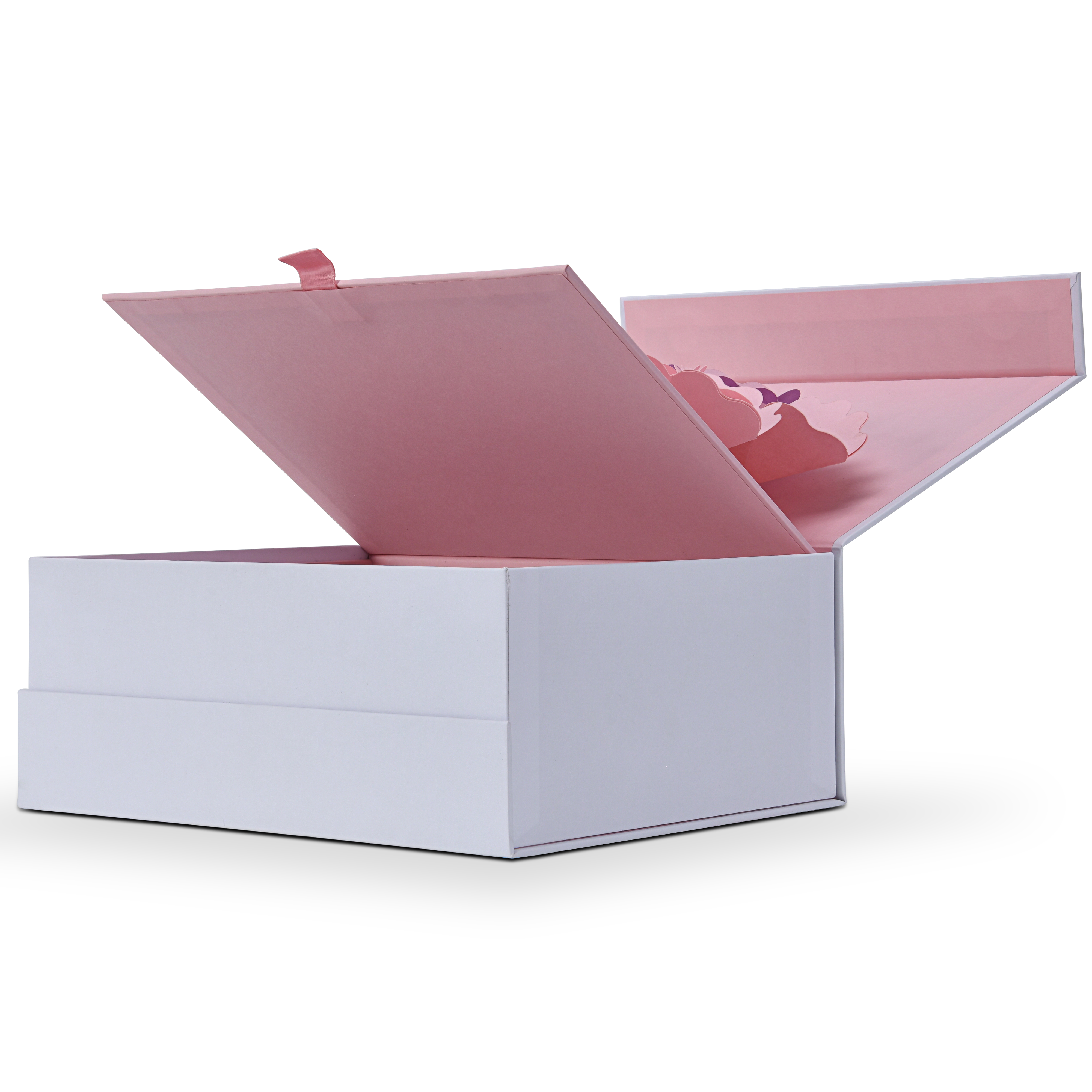 Dynamic side angle view of the luxury rigid box mid-unboxing as the integrated 3D paper flower element begins to unfold.
