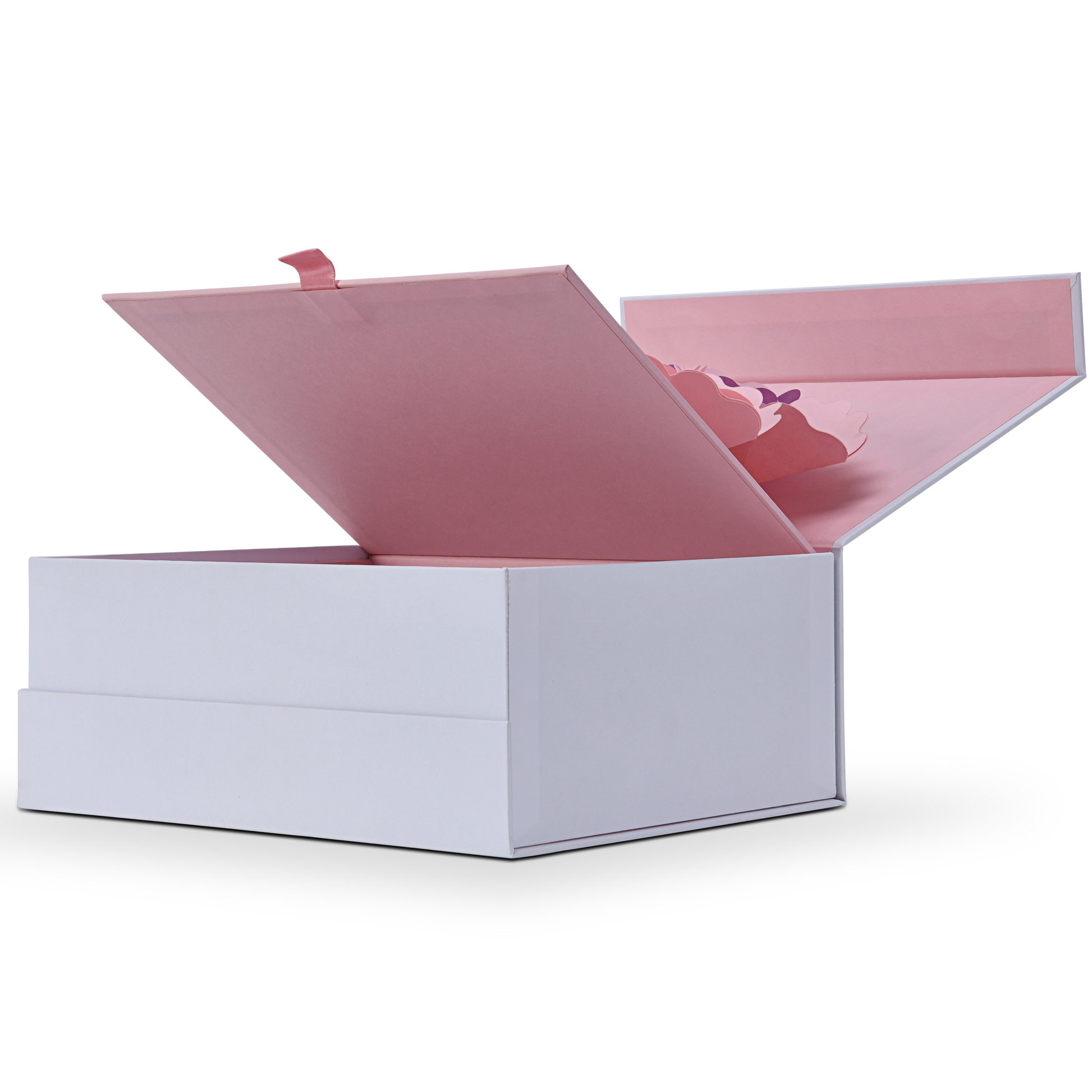 Dynamic side angle view of the luxury rigid box mid-unboxing as the integrated 3D paper flower element begins to unfold.