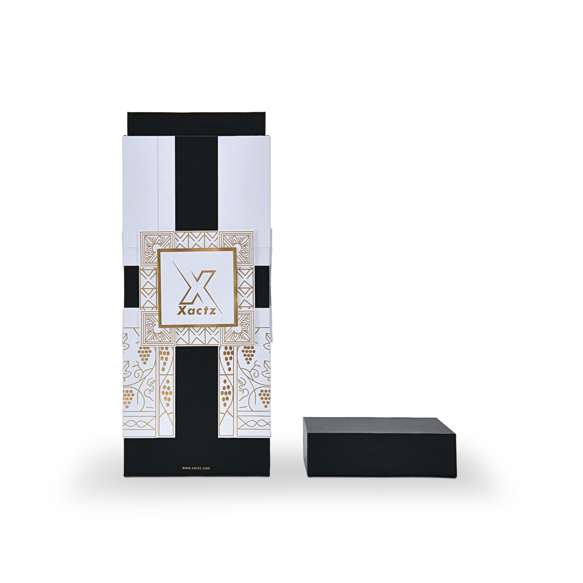 Front view comparison of two custom black rigid wine gift box designs side by side showing the white body version with gold foil grape vine illustration on the left and the all black body version with the same gold foil geometric grape vine pattern on the right both with matte black collared lids