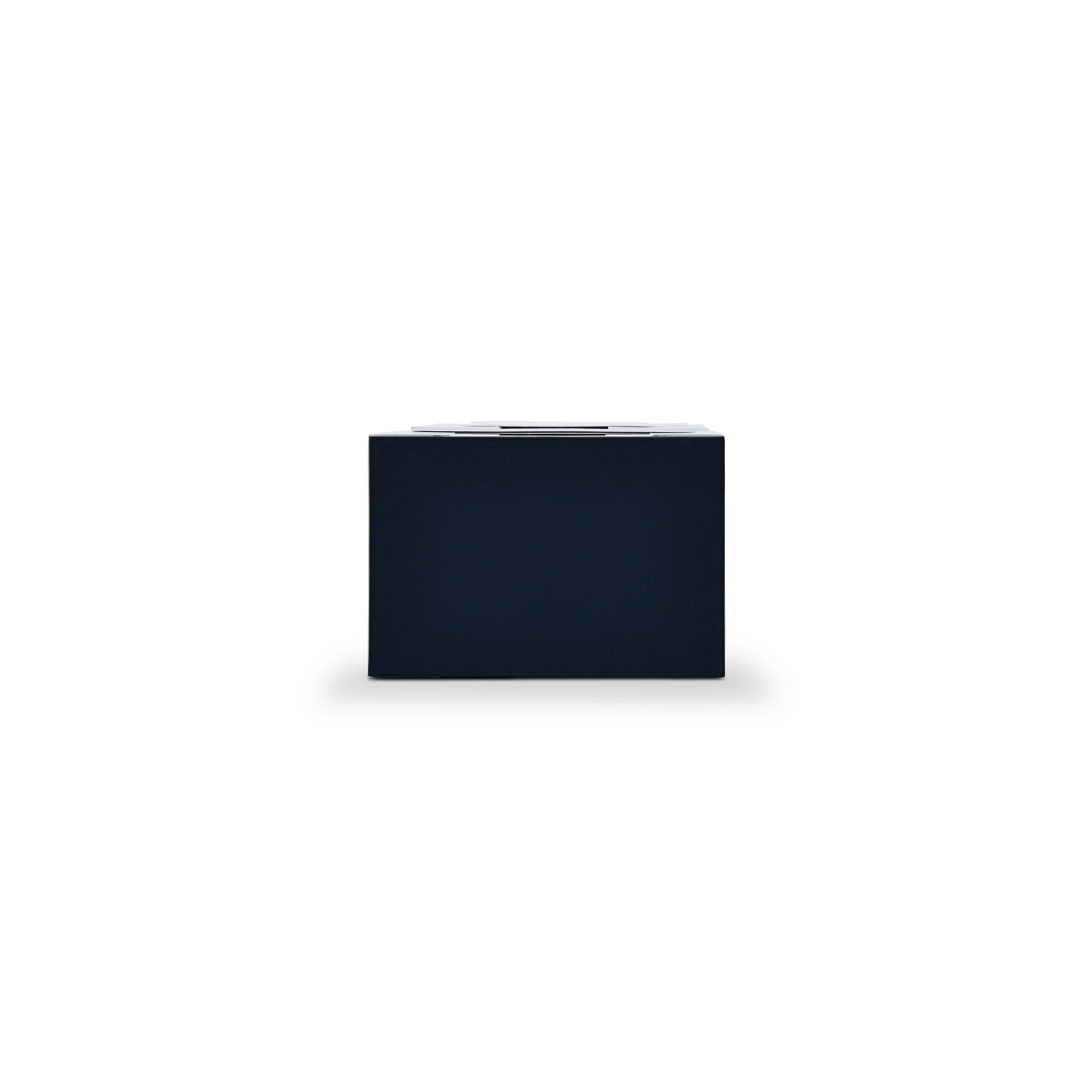 Opposite end view of the closed premium packaging box revealing the deep navy blue custom collar lid insert.