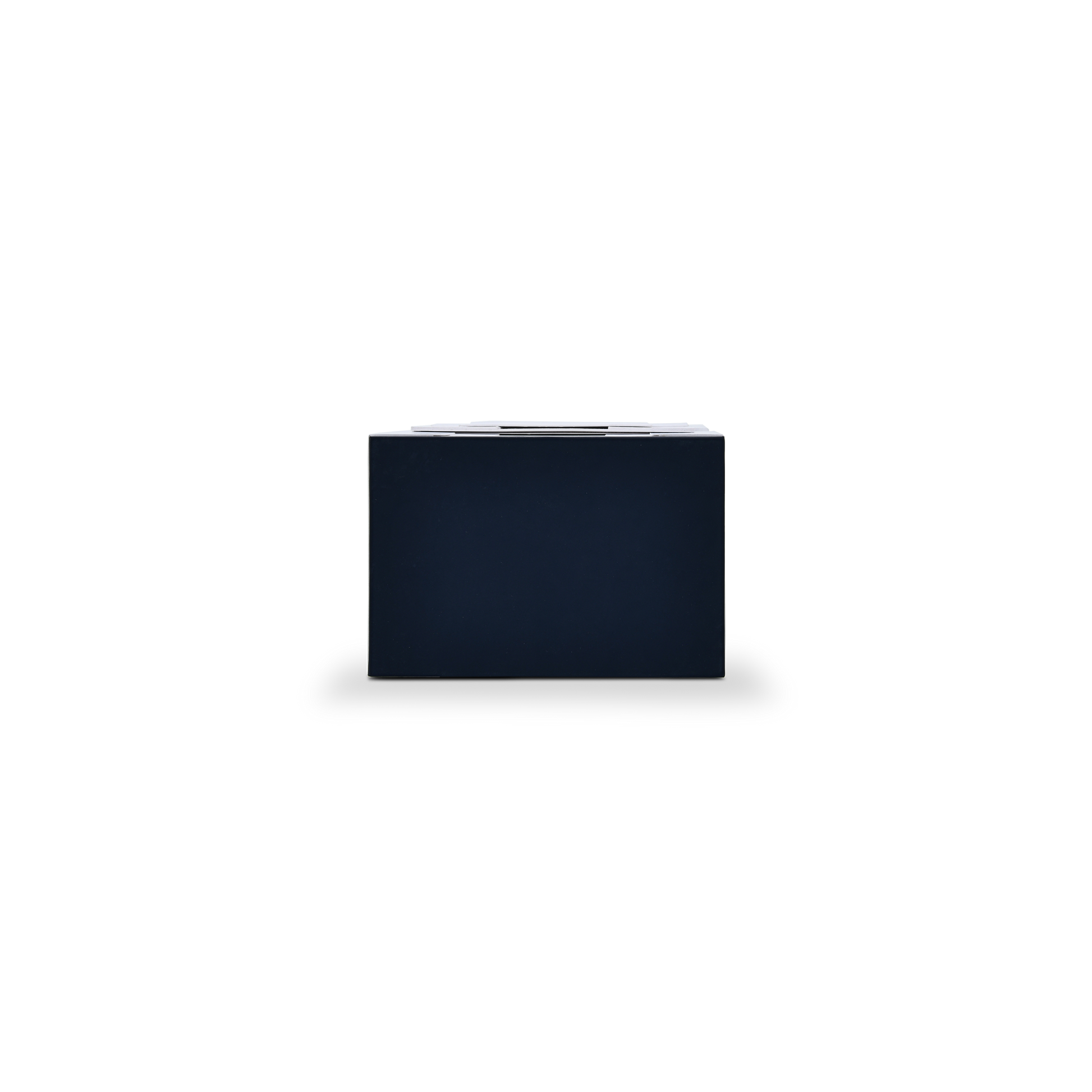 Opposite end view of the closed premium packaging box revealing the deep navy blue custom collar lid insert.