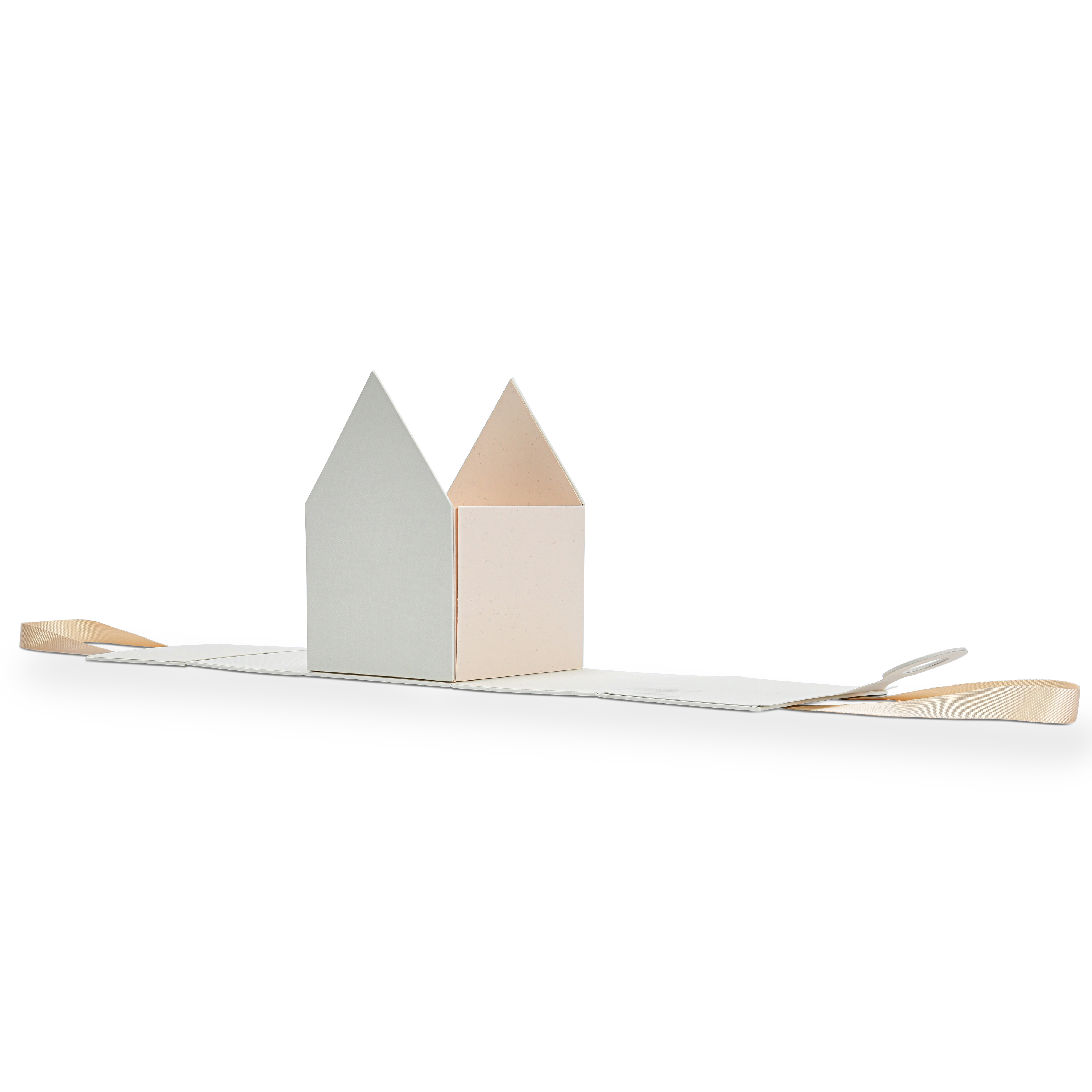Step by step assembly view of a custom house shaped foldable packaging box showing the cream white outer panels and the contrasting pastel pink inner box walls starting to fold upward