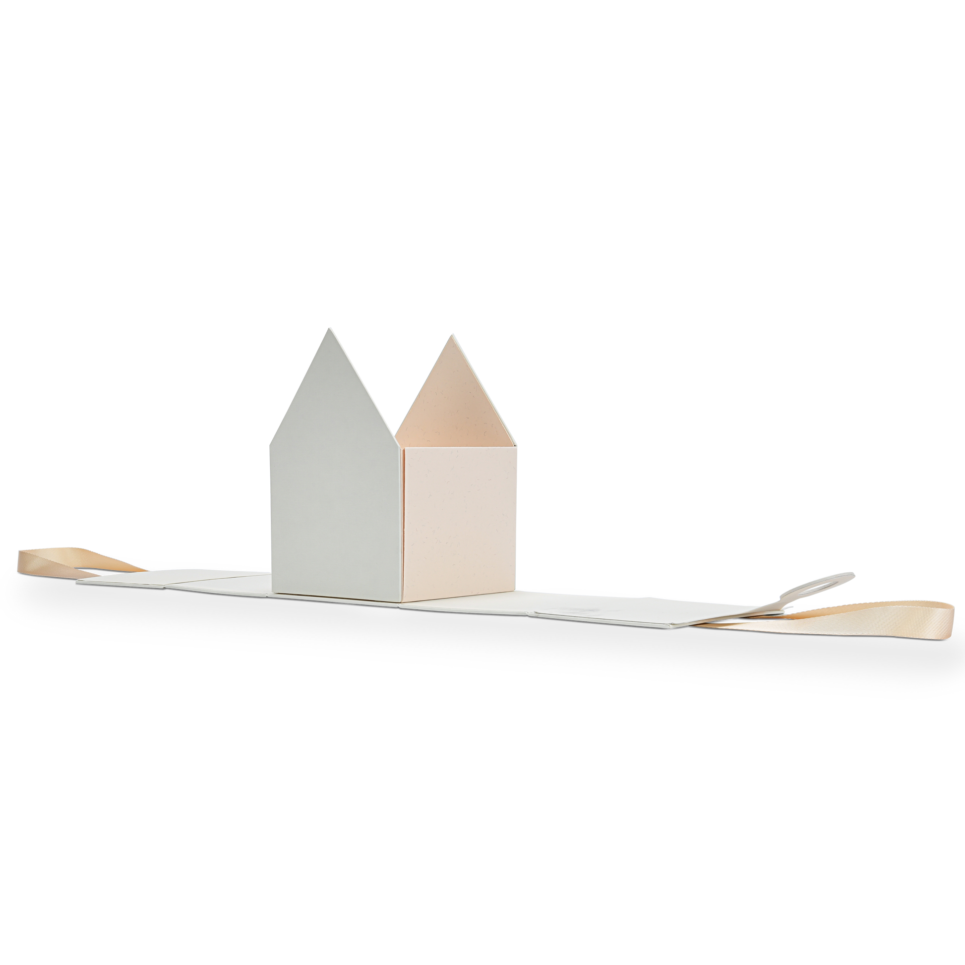 Step by step assembly view of a custom house shaped foldable packaging box showing the cream white outer panels and the contrasting pastel pink inner box walls starting to fold upward