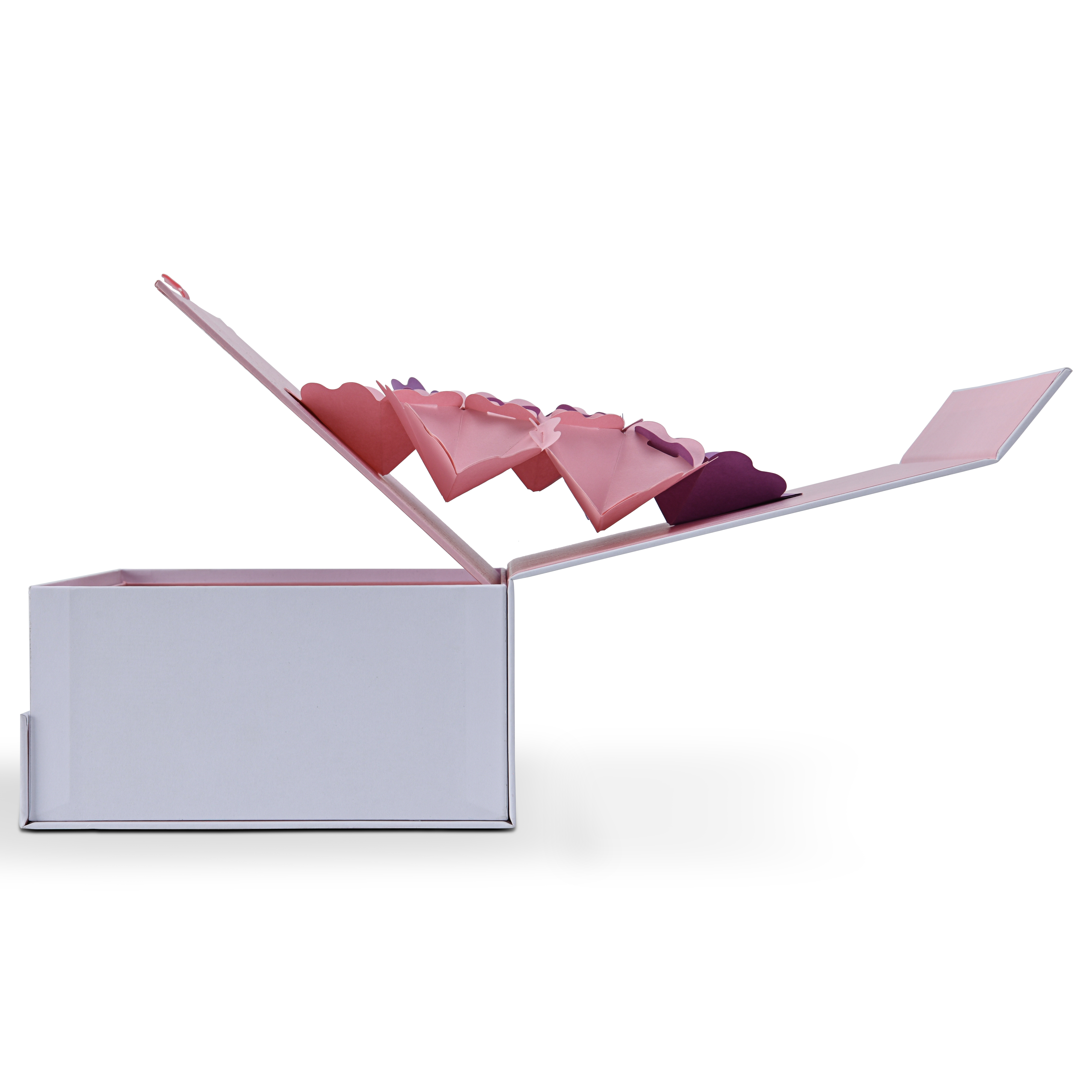 Exact side profile view of the book-shaped magnetic box fully opened, showcasing the structural engineering of the extended pop-up flower mechanism.