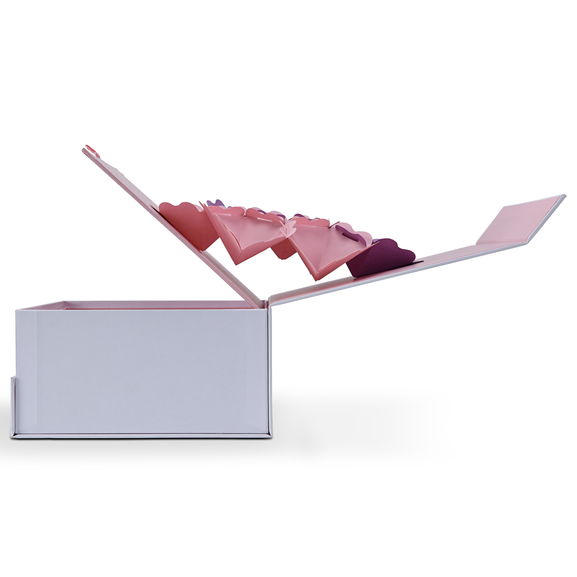 Exact side profile view of the book-shaped magnetic box fully opened, showcasing the structural engineering of the extended pop-up flower mechanism.