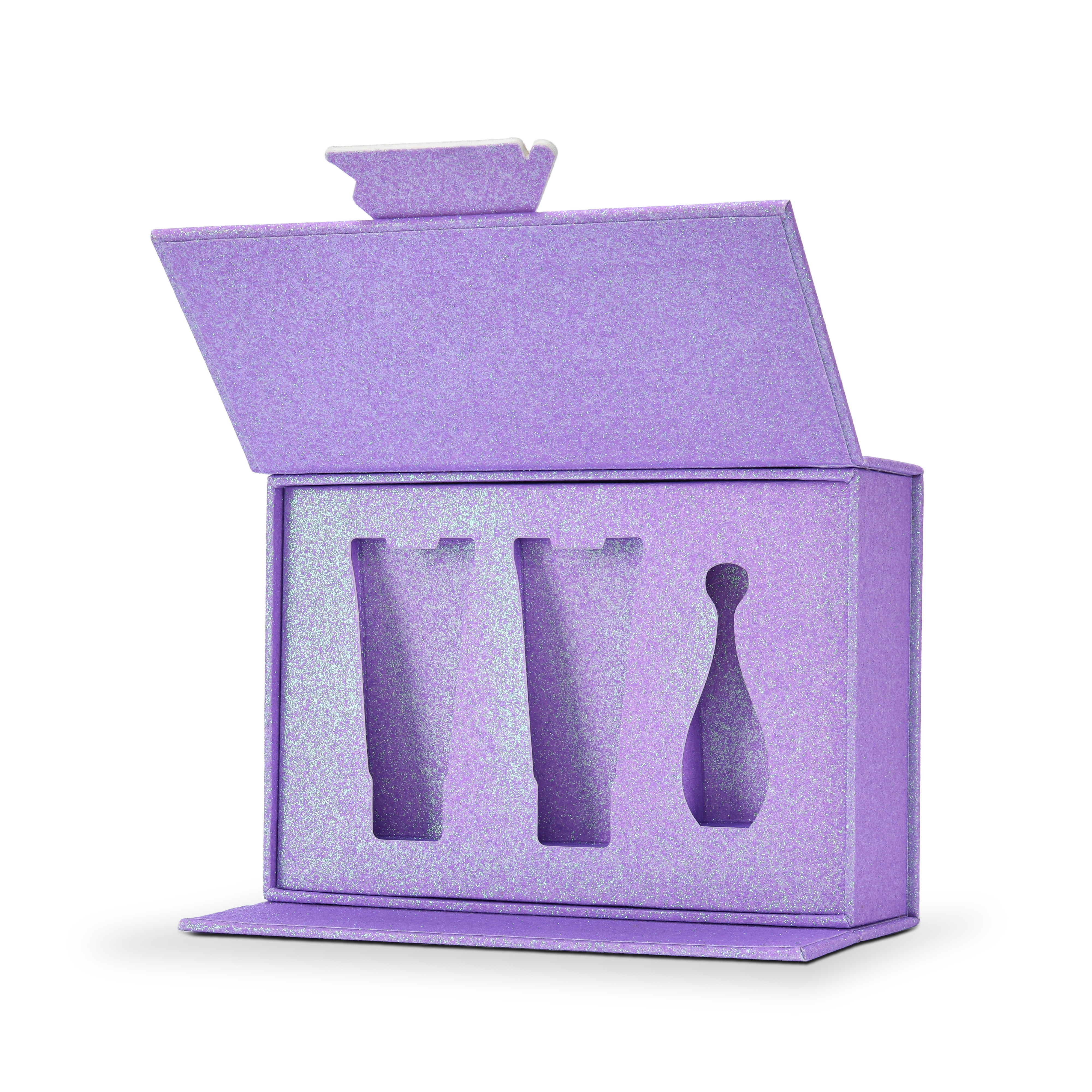 Custom purple glitter rigid makeup gift box with luxury packaging shown open at a three quarter angle revealing the matching purple glitter foam insert interior with three precision cut product cavities holding two cosmetic tubes and one perfume bottle shaped product all surrounded by the continuous iridescent purple glitter surface