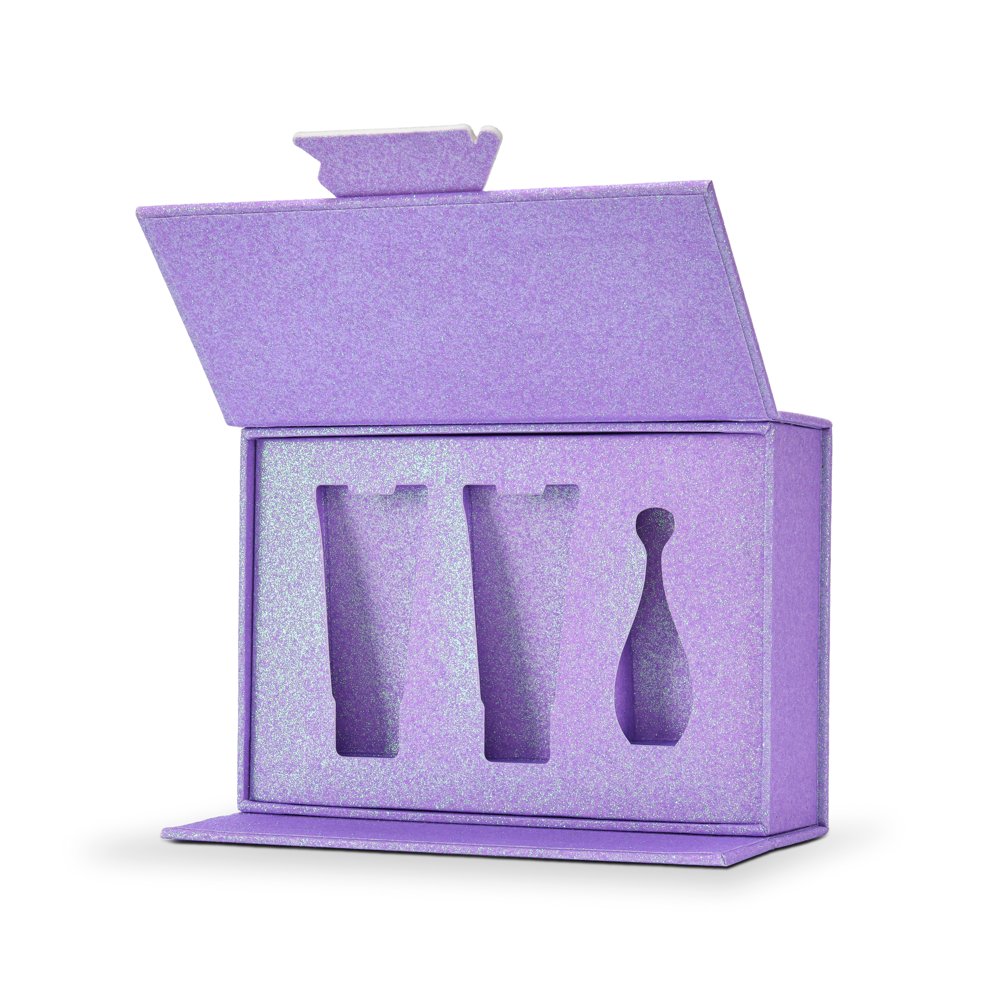 Custom purple glitter rigid makeup gift box with luxury packaging shown open at a three quarter angle revealing the matching purple glitter foam insert interior with three precision cut product cavities holding two cosmetic tubes and one perfume bottle shaped product all surrounded by the continuous iridescent purple glitter surface