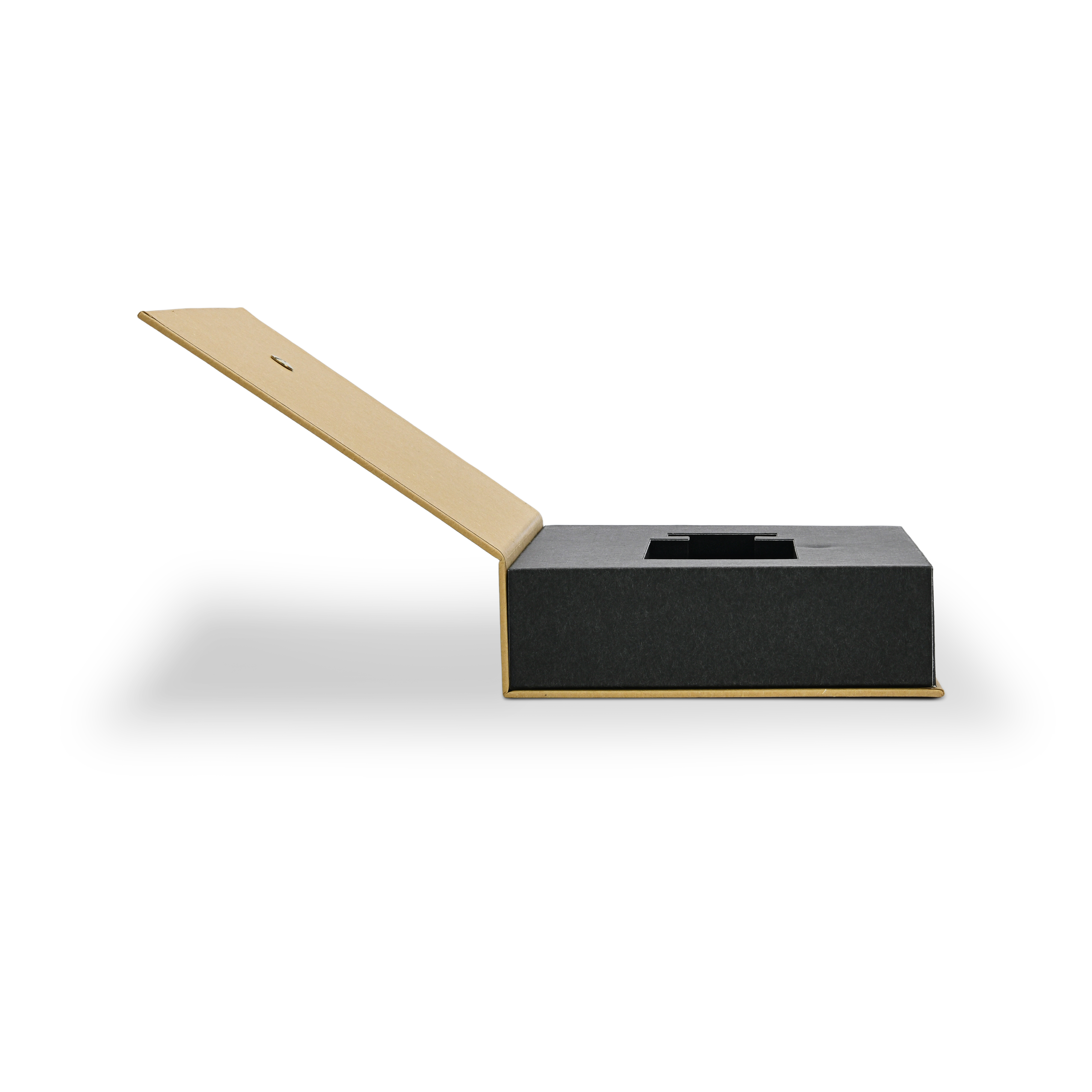 Side profile view of an open custom rigid book style perfume box showing the cover opened at an angle and the depth of the matte black inner cardboard box base
