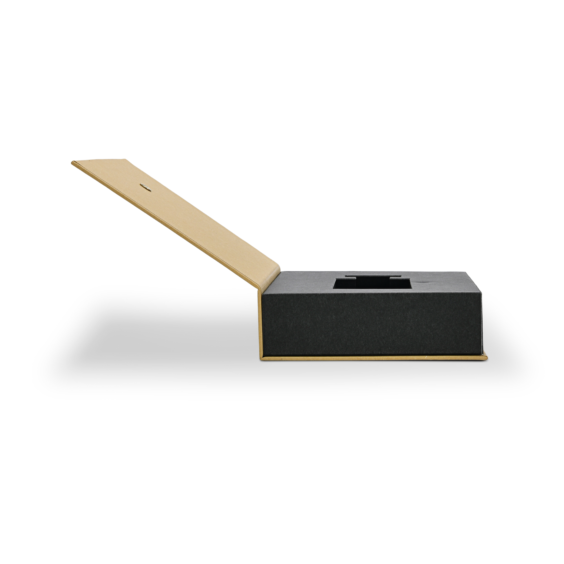 Side profile view of an open custom rigid book style perfume box showing the cover opened at an angle and the depth of the matte black inner cardboard box base