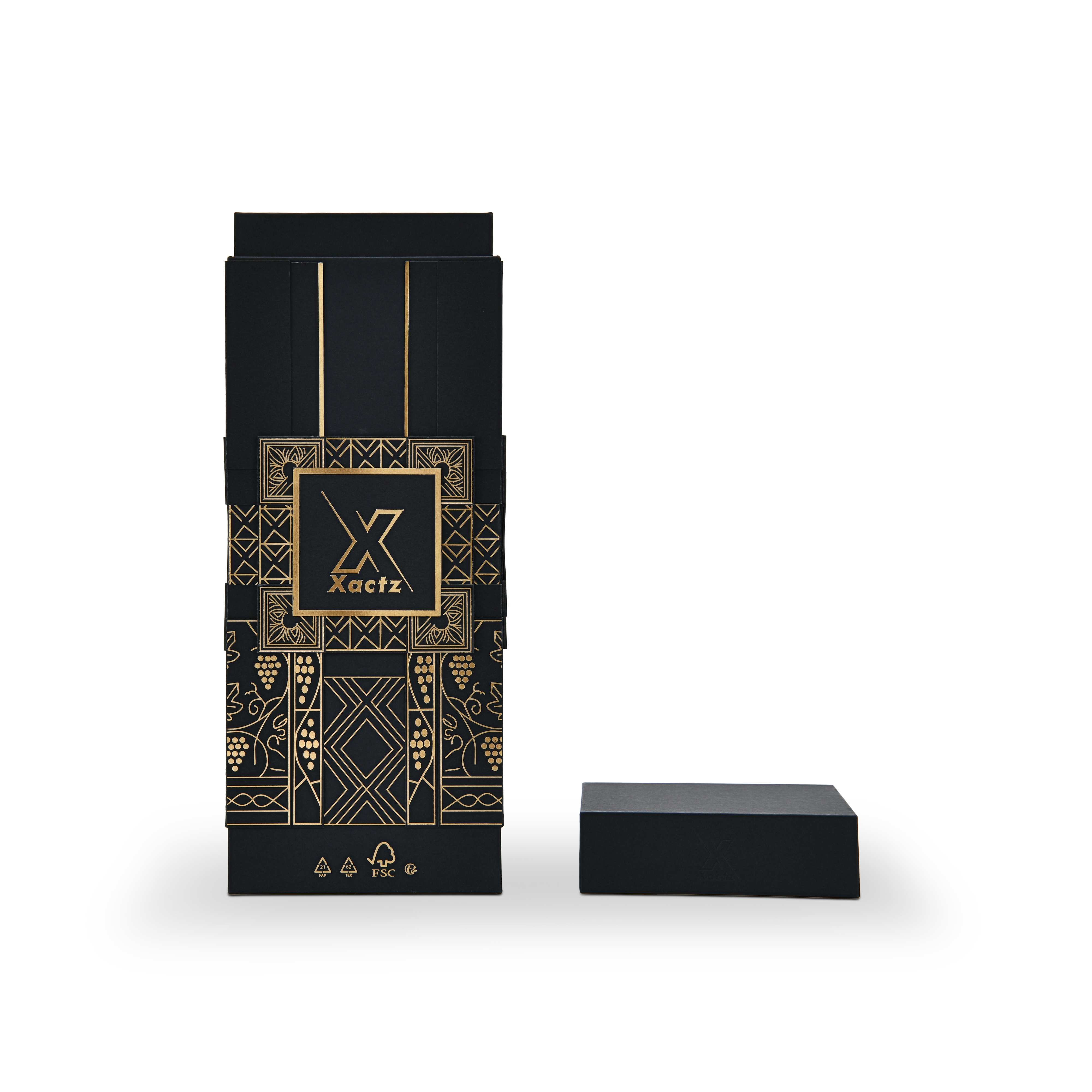 Custom all black rigid wine gift box with the matte black square lid placed flat in front of the upright collared base showing the clean all black matte lid surface and the full gold foil grape vine and geometric illustration on the black body with FSC certification logos in gold at the base