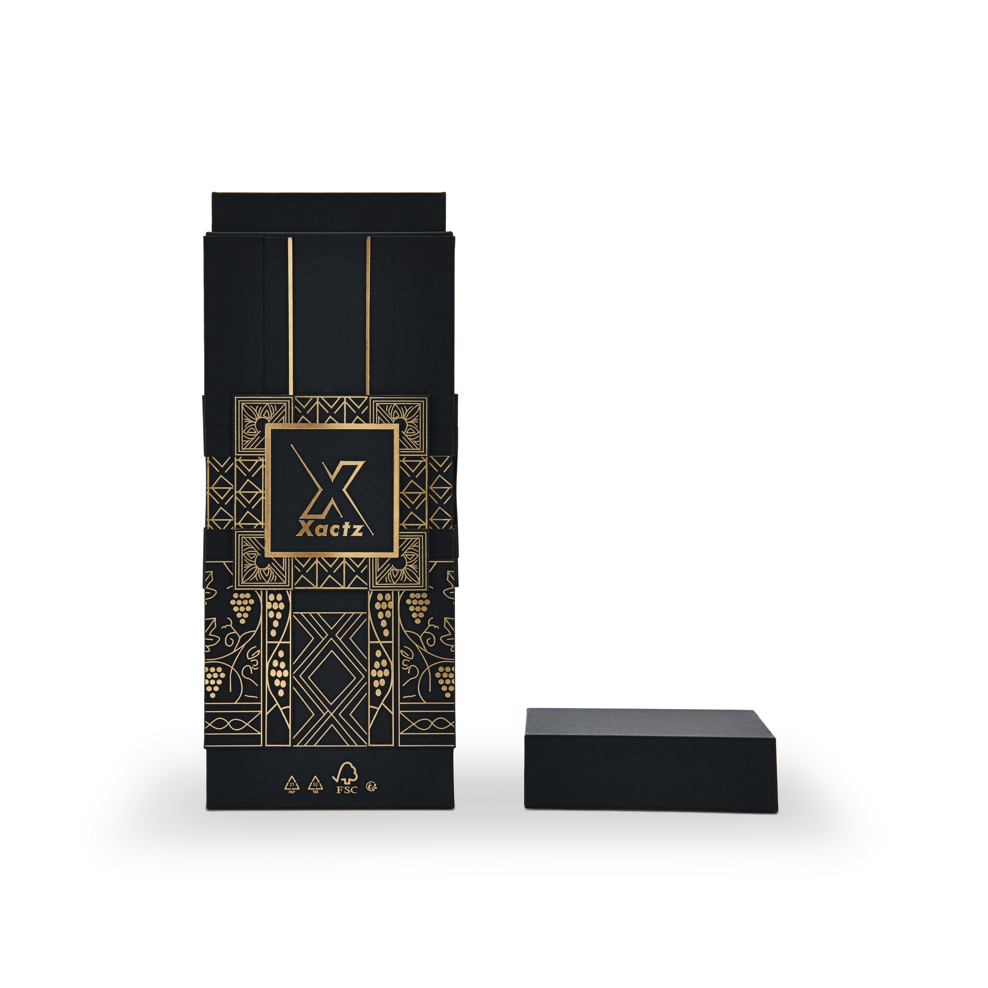 Custom all black rigid wine gift box with the matte black square lid placed flat in front of the upright collared base showing the clean all black matte lid surface and the full gold foil grape vine and geometric illustration on the black body with FSC certification logos in gold at the base