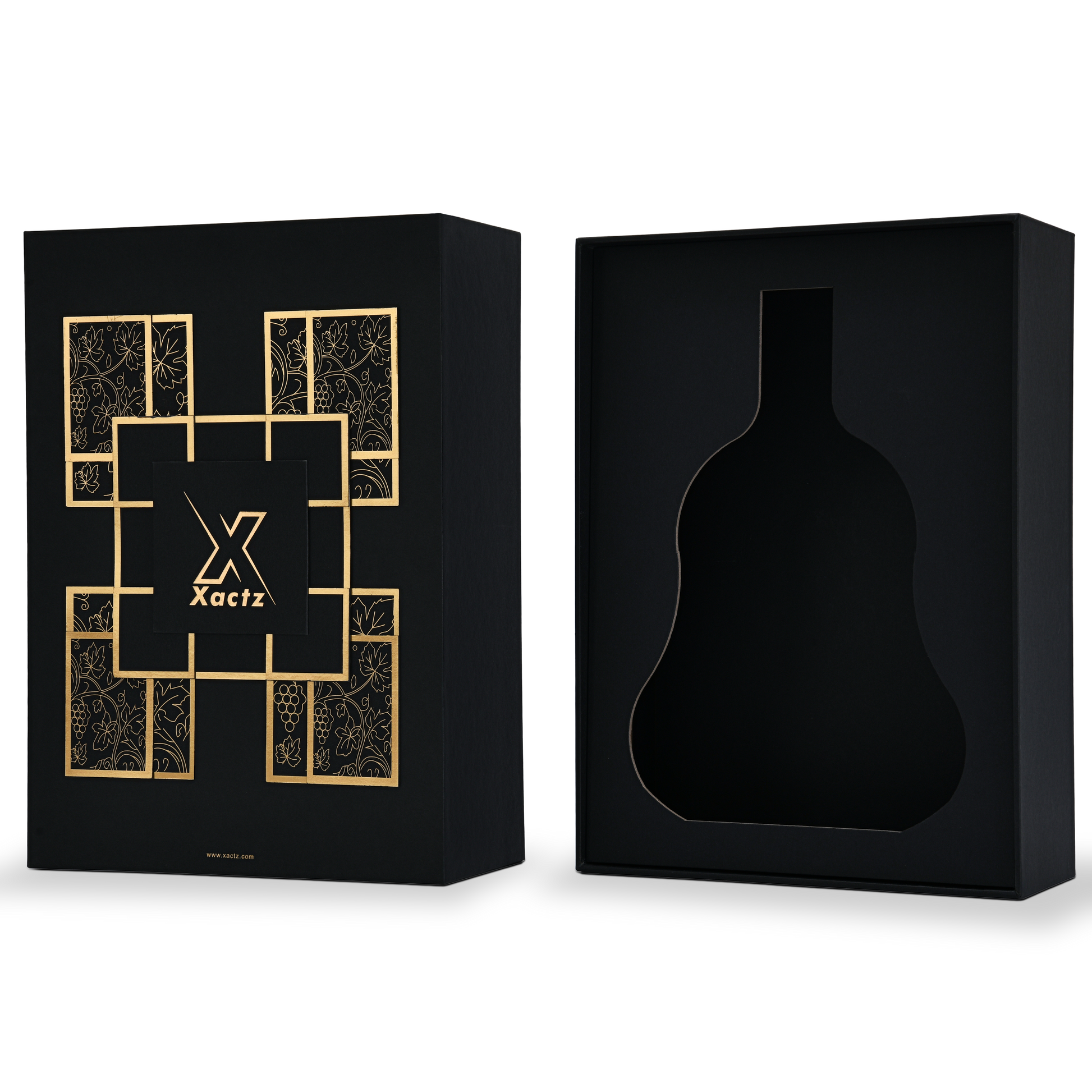 Luxury rigid wine gift box open three quarter view showing matte gold foil stamped lid and custom wine bottle silhouette die-cut insert in deep black interior