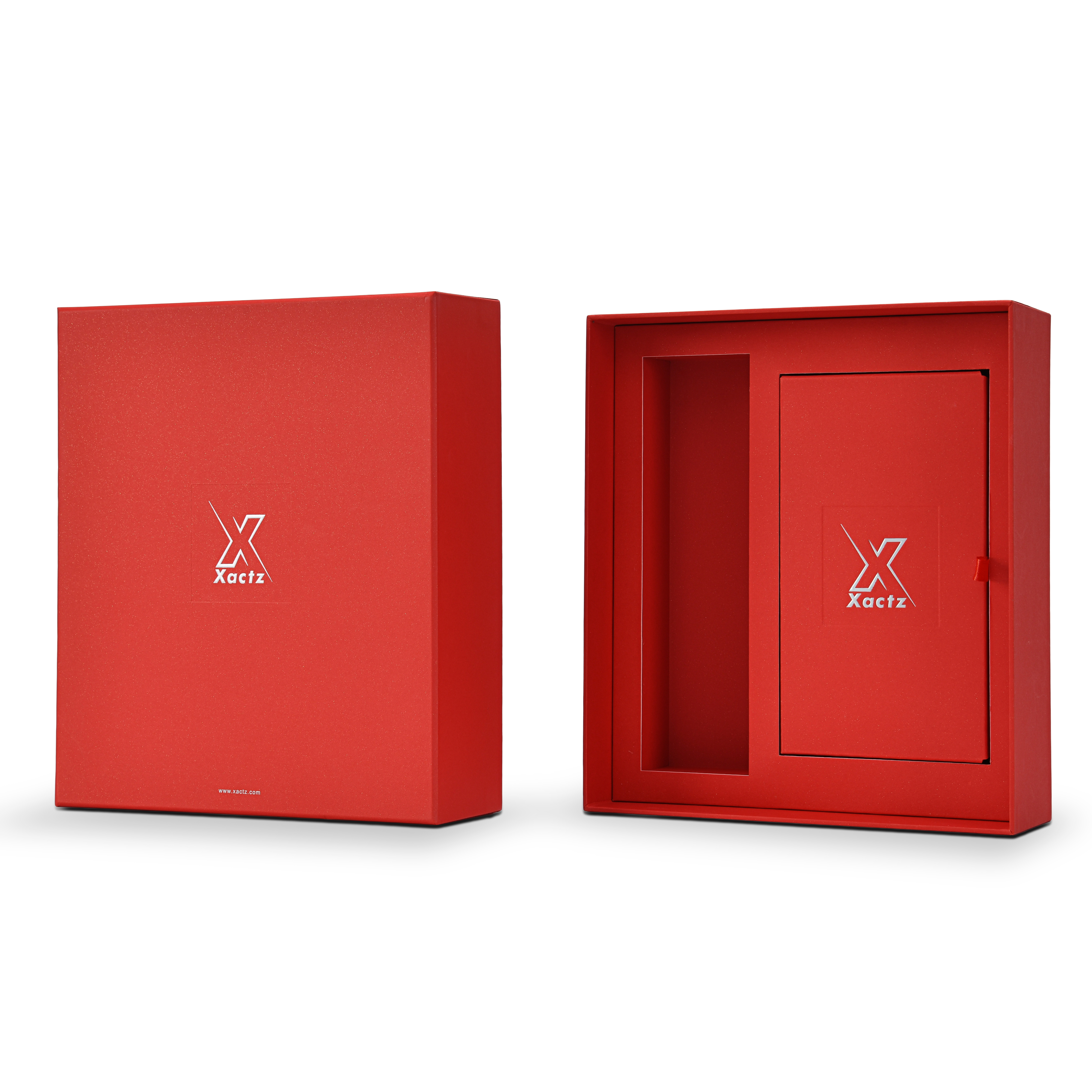 Three quarter angled view of a custom red lid and base gift box for cosmetics with the lid positioned beside the open base displaying the deep red star rain specialty paper exterior on the lid and the matching red interior of the base with the inner tray showing the product cavity and Xactz branded card insert with silver foil logo