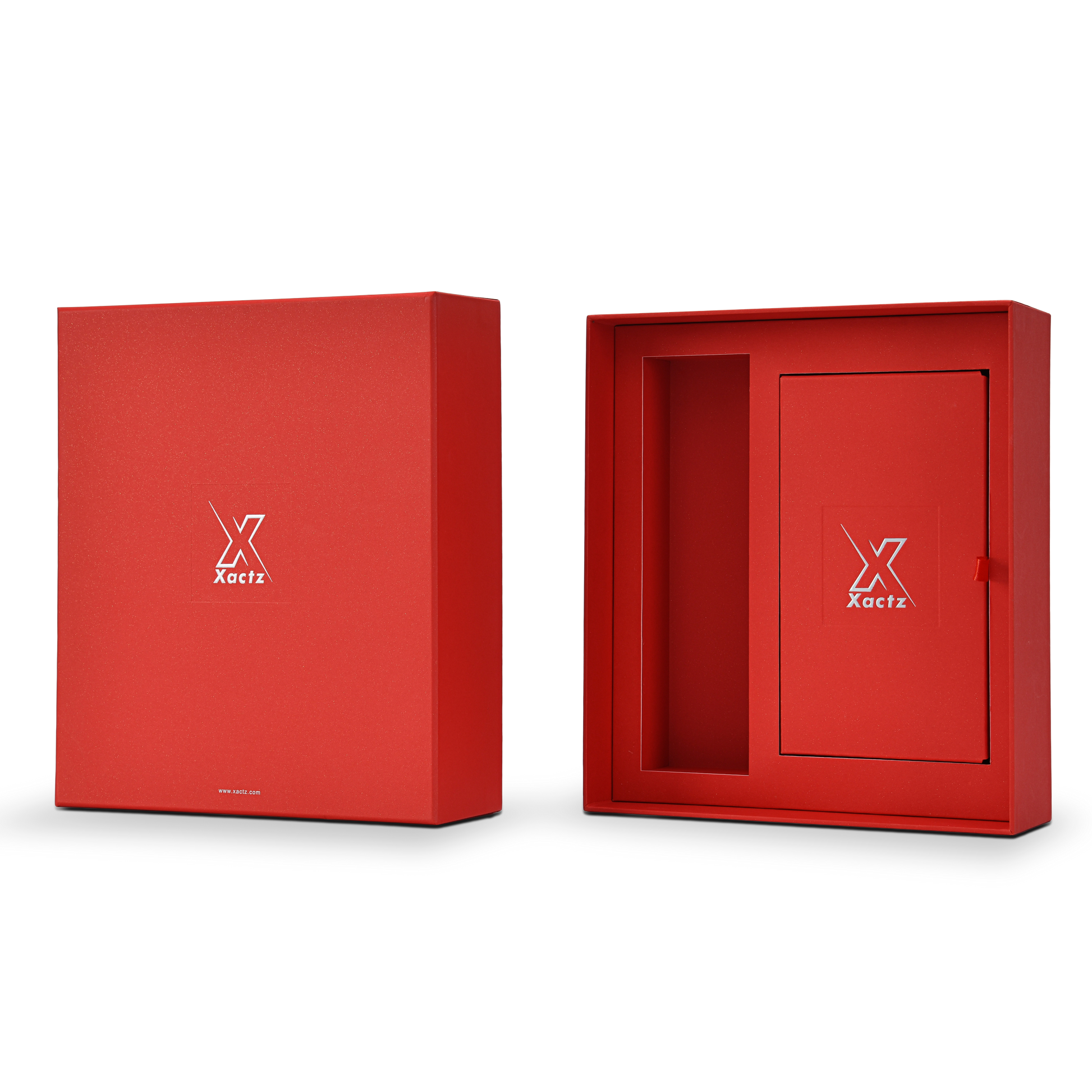 Three quarter angled view of a custom red lid and base gift box for cosmetics with the lid positioned beside the open base displaying the deep red star rain specialty paper exterior on the lid and the matching red interior of the base with the inner tray showing the product cavity and Xactz branded card insert with silver foil logo