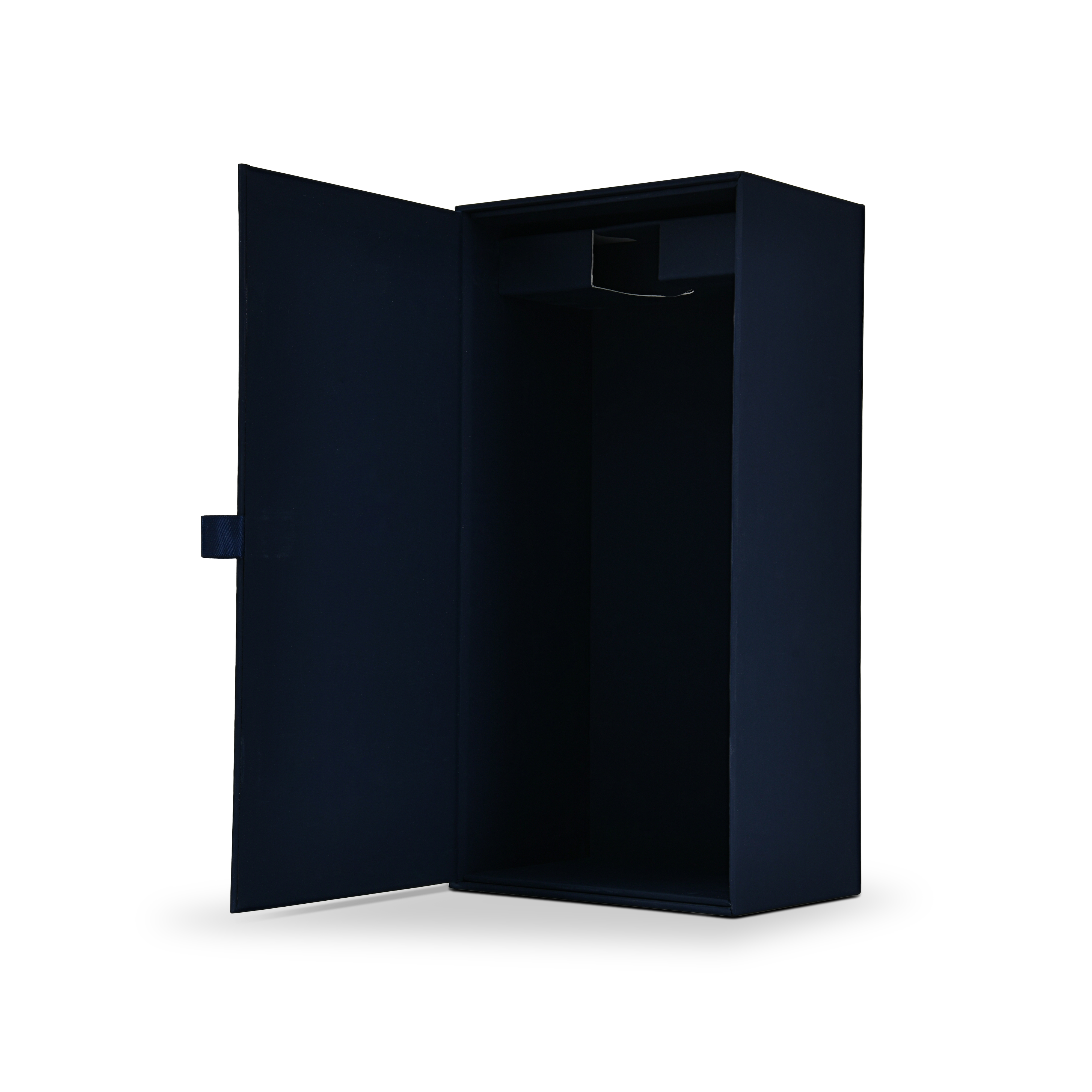 Open navy blue wholesale wine gift packaging from an angled perspective highlighting the deep interior compartment for premium bottles.