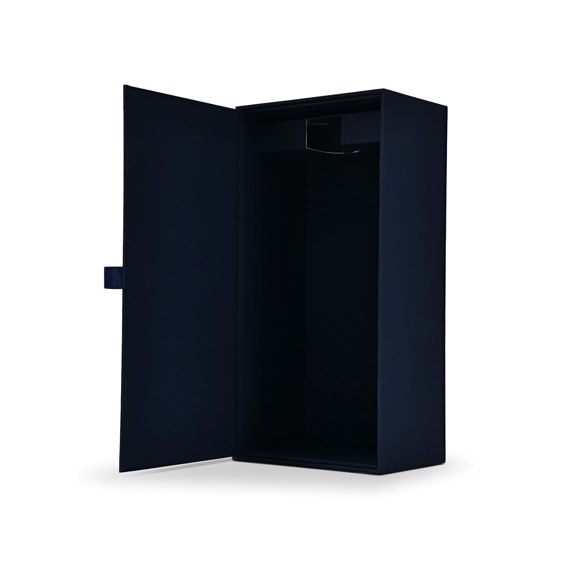 Open navy blue wholesale wine gift packaging from an angled perspective highlighting the deep interior compartment for premium bottles.